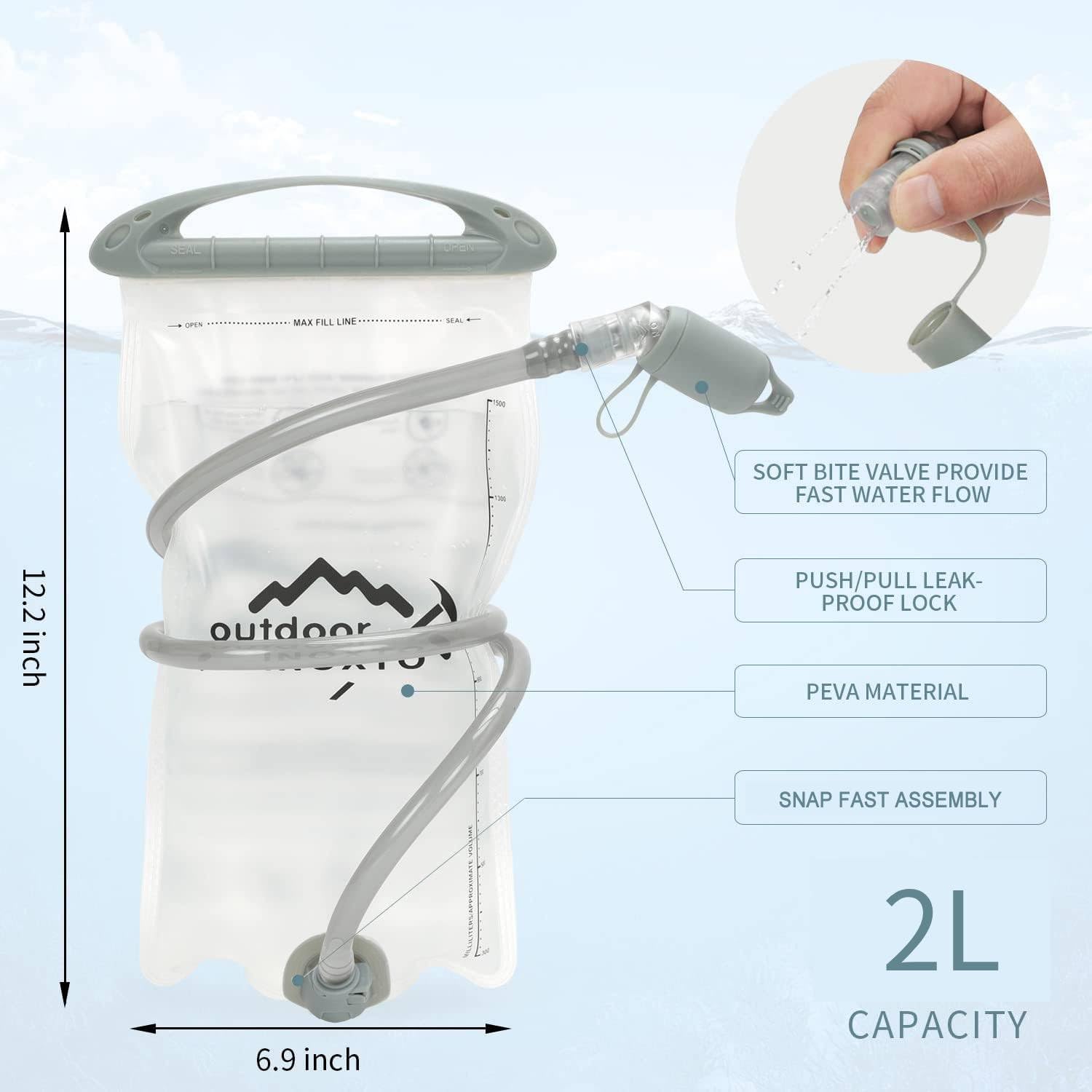 INOXTO 1.5L/2L Hydration Bladder - Leak Proof Water Reservoir with Insulated Hose & High Flow Bite Valve for Hiking, Camping, Cycling & Running - Perfect for Outdoor Adventures & Sports Hydration