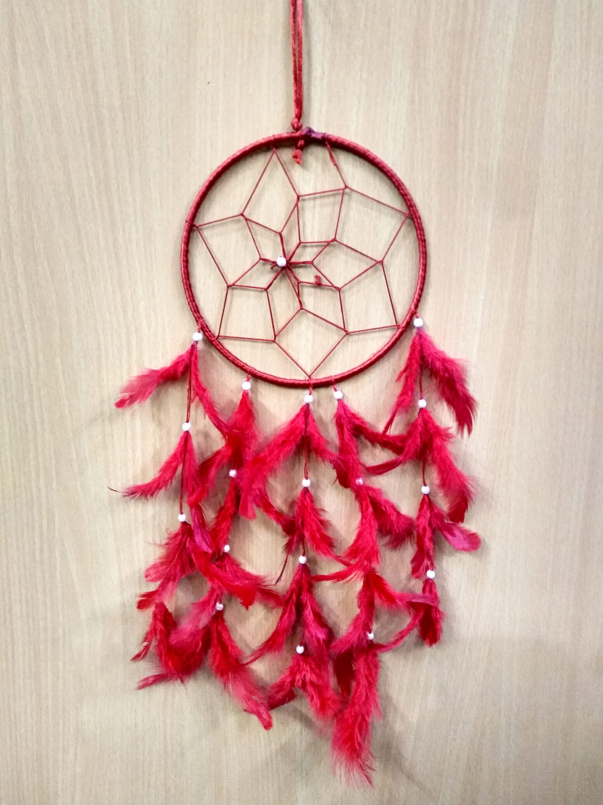 Handmade Dream Catchers Wall Decor - Feather Hanging Ornament for Bedroom, Nursery, Home & Car (Large Red Ring) | Boho Chic Room Decor & Spiritual Gift Idea