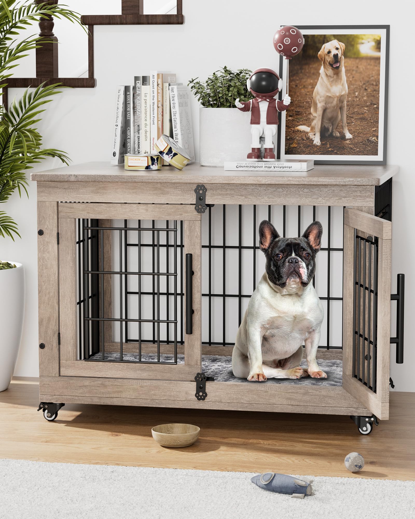 **Heavy Duty Wooden Dog Crate Furniture with Cushion – Double Door Dog Kennel & End Table with Wheels – Indoor Dog House for Small & Medium Dogs up to 45 lbs (32.5” L, Grey) – Perfect for Living Room, Bedroom, or Office**