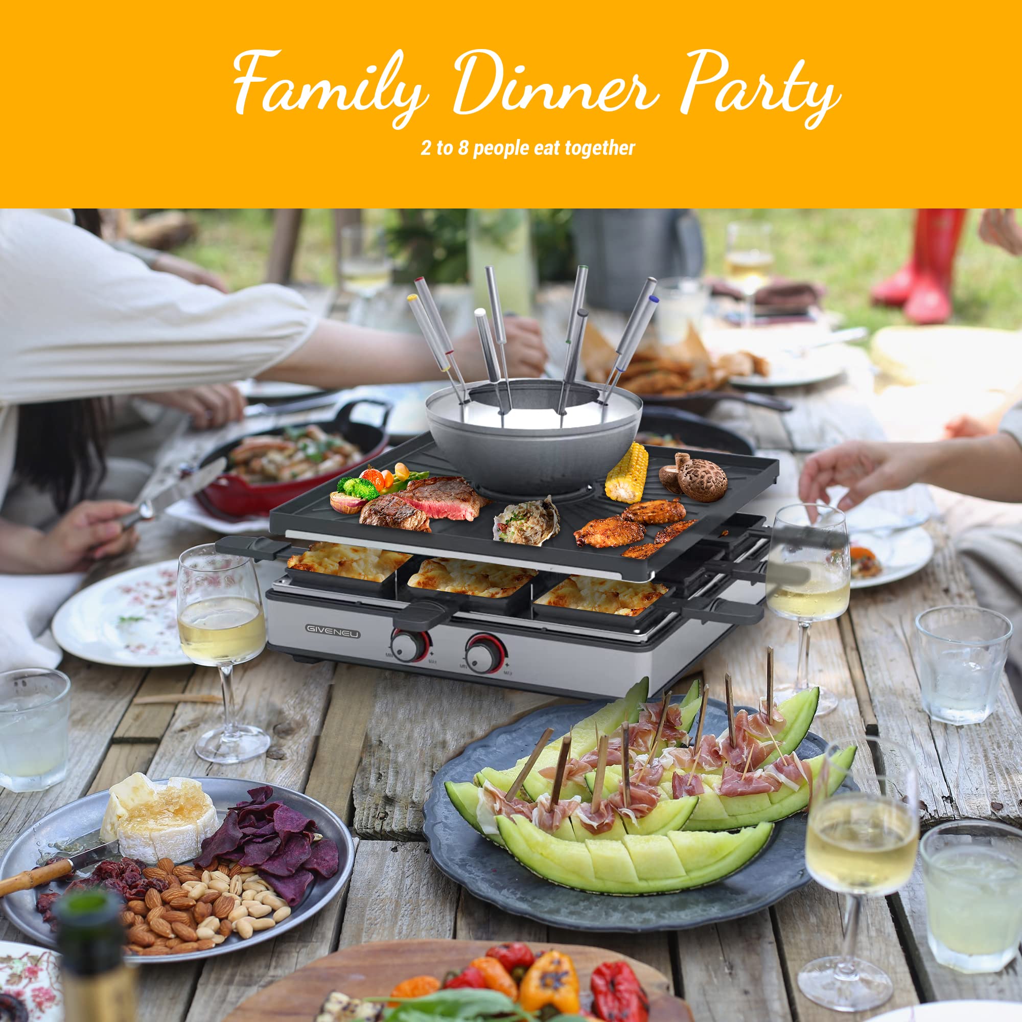 Electric Fondue Pot Set - 600ML Non-Stick Fondue Pot with Grill Plate, 8 Color-Coded Forks & 8 Mini Pans, Dual Thermostat Control for Cheese, Chocolate & Meat | Perfect for Parties, Family Gatherings & Romantic Dinners
