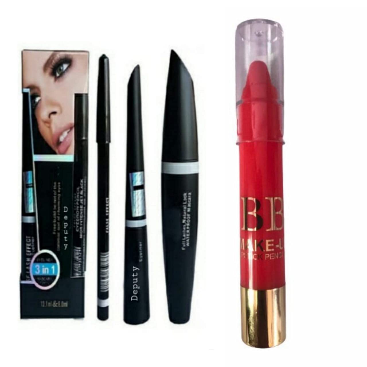 4-in-1 Deputy Liquid Eyeliner, Mascara, Eyebrow Pencil & Lipstick Set - Black | Perfect for Everyday Makeup & Professional Looks