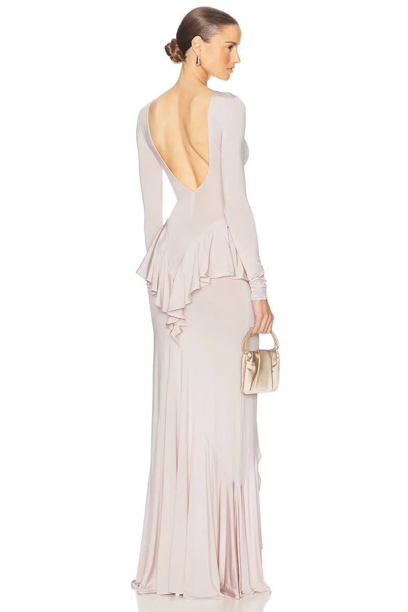 Sexy Backless Ruffled Maxi Dress for Women - Elegant O-Neck Long Sleeve Evening Gown with Thigh High Split | Perfect for Prom, Wedding Guest & Cocktail Parties