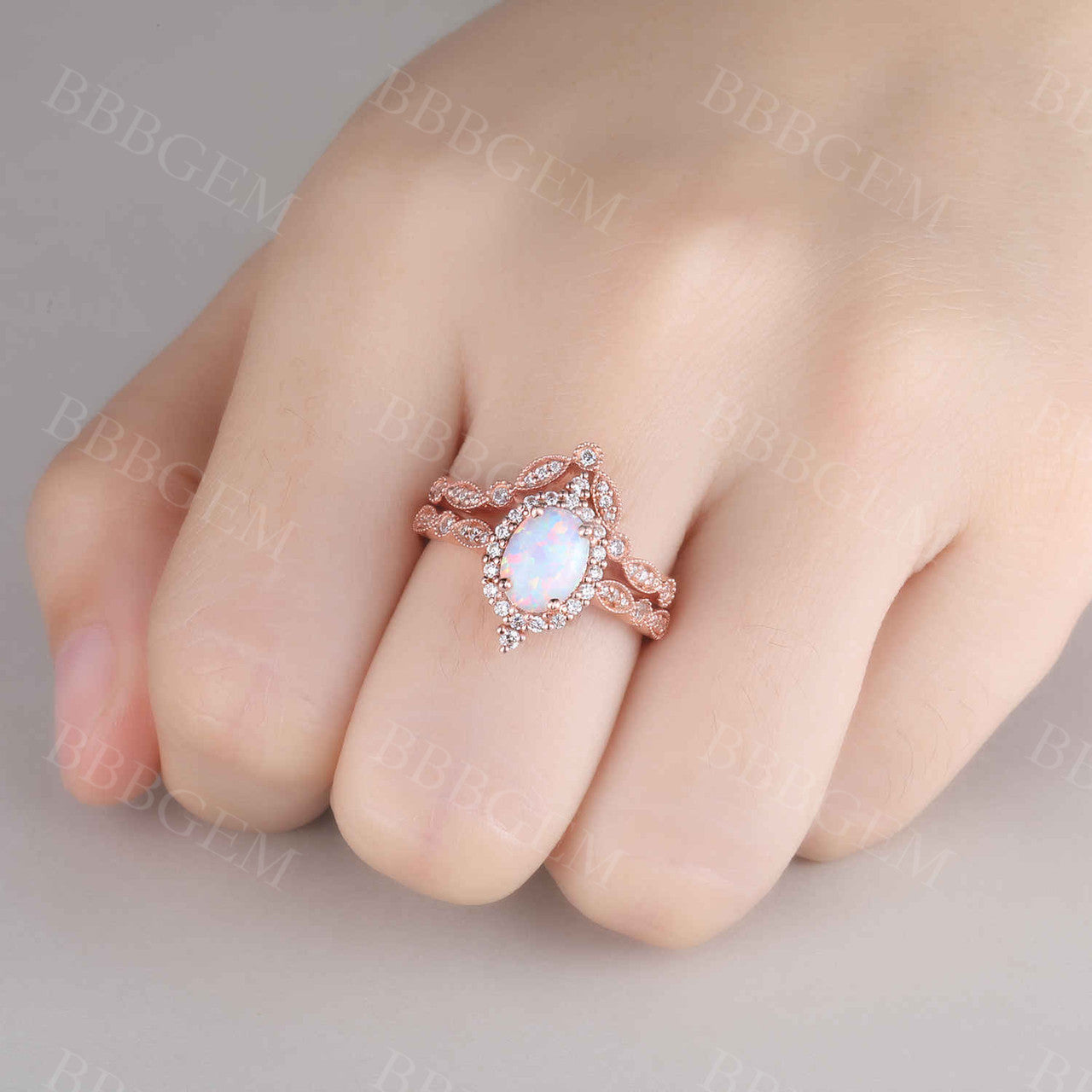 Vintage Oval White Opal Engagement Ring Set with Marquise Chevron Wedding Band & Halo Diamonds - Perfect for Proposals, Anniversaries & Bridal Jewelry Gifts