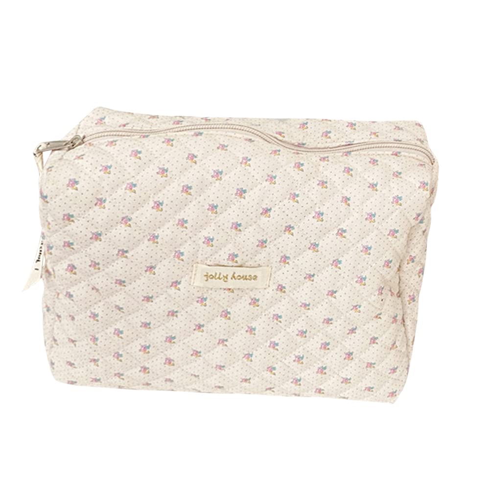 TIAASTAP Large Capacity Travel Cosmetic Bag - Cotton Floral Makeup Organizer for Women, Portable Quilting Toiletry Bag with Multiple Pockets | Perfect for Vacation, Gym, Business Trips & Daily Essentials Storage (Beige Floral)