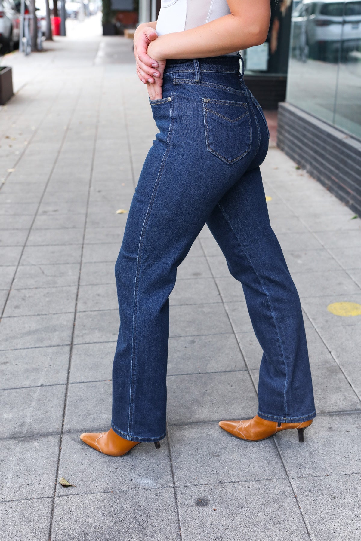 Judy Blue Dark Wash High Waisted Straight Fit Jeans for Women - Comfortable Stretch Denim Pants for Casual Wear & Everyday Outfits