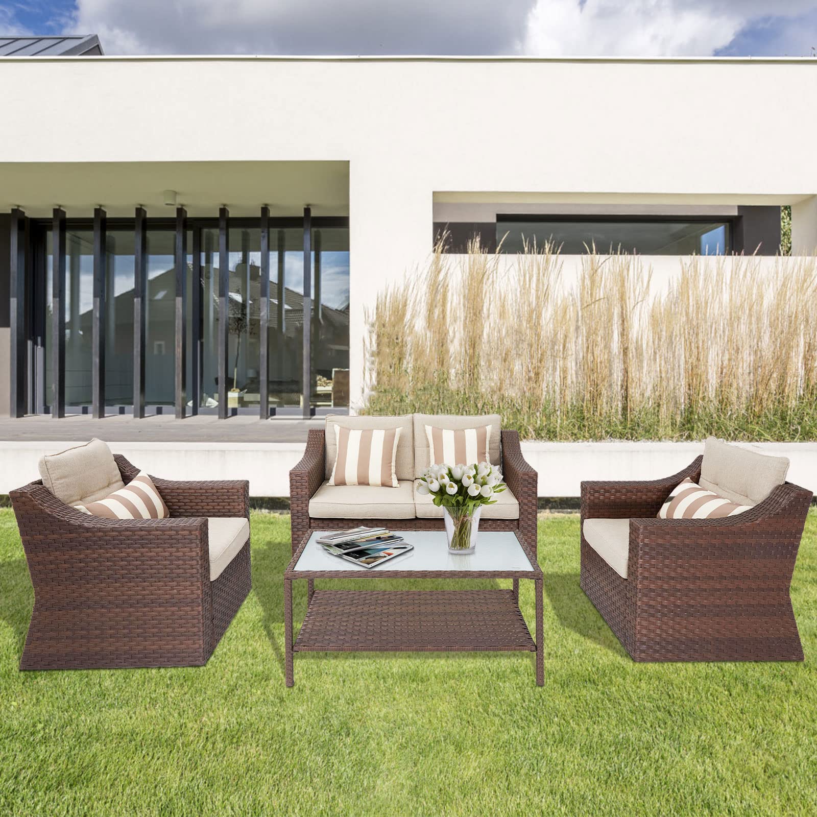 Outdoor Furniture 4-Piece Conversation Set - All-Weather Brown Wicker with Beige Cushions & Glass Coffee Table - Perfect for Patio, Garden, Poolside & Backyard Relaxation