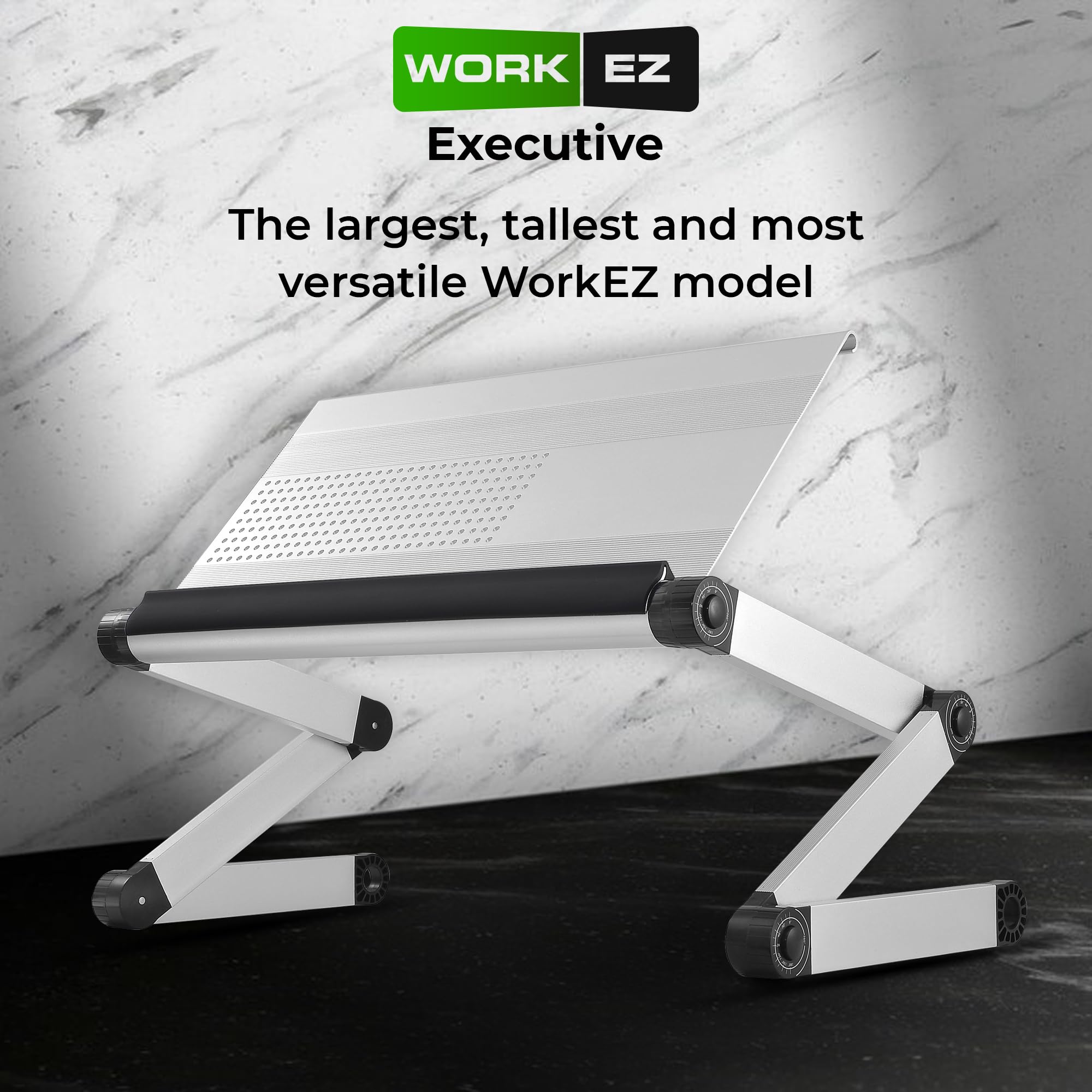 Uncaged Ergonomics WorkEZ Executive Adjustable Laptop Stand - Foldable Aluminum Computer Riser with Cooling, Height-Adjustable Notebook Holder for Desk, Silver - Perfect for Home Office and Workspace