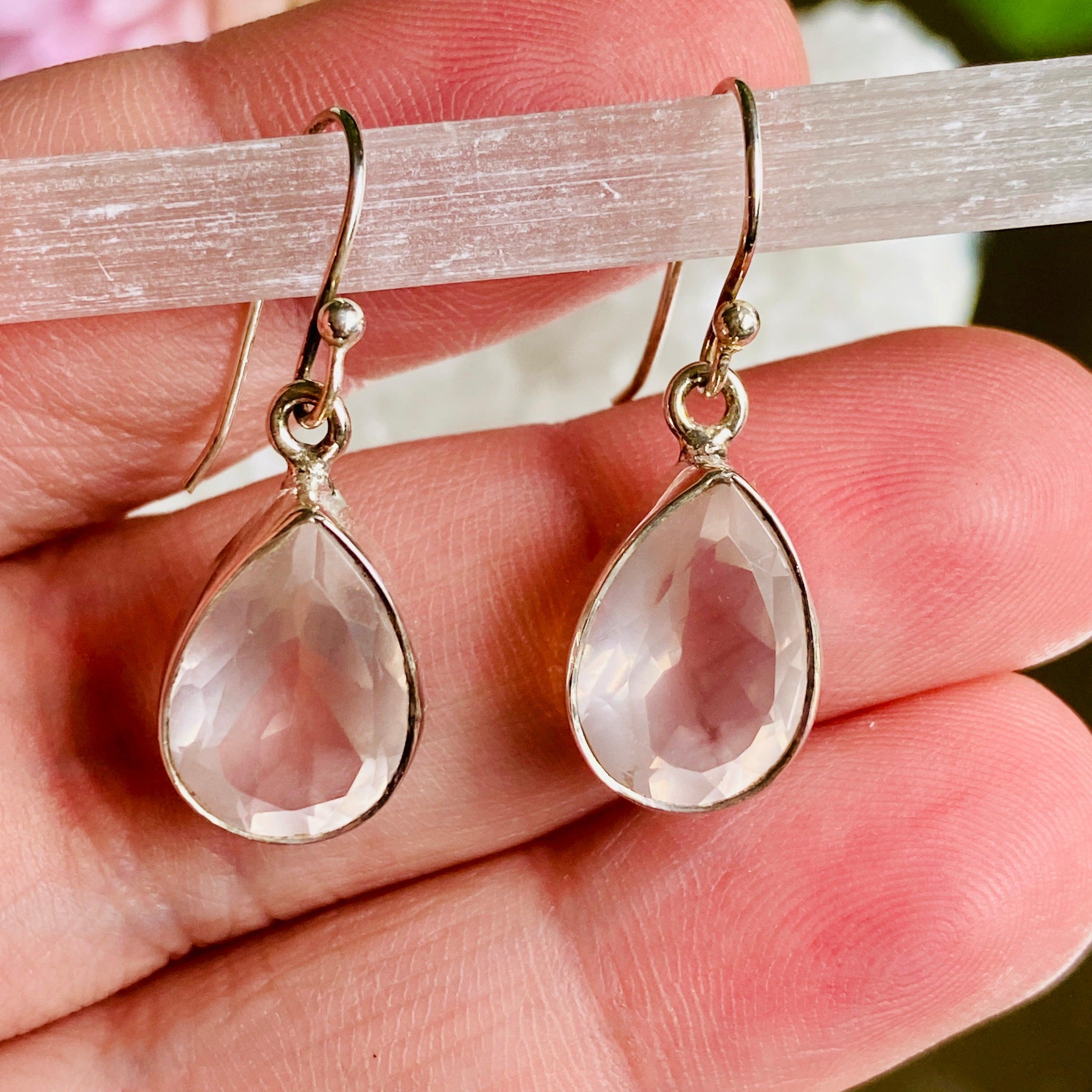 Rose Quartz Faceted Teardrop Earrings for Women - Dainty Crystal Drop Earrings for Everyday Wear, Gift Giving & Special Occasions