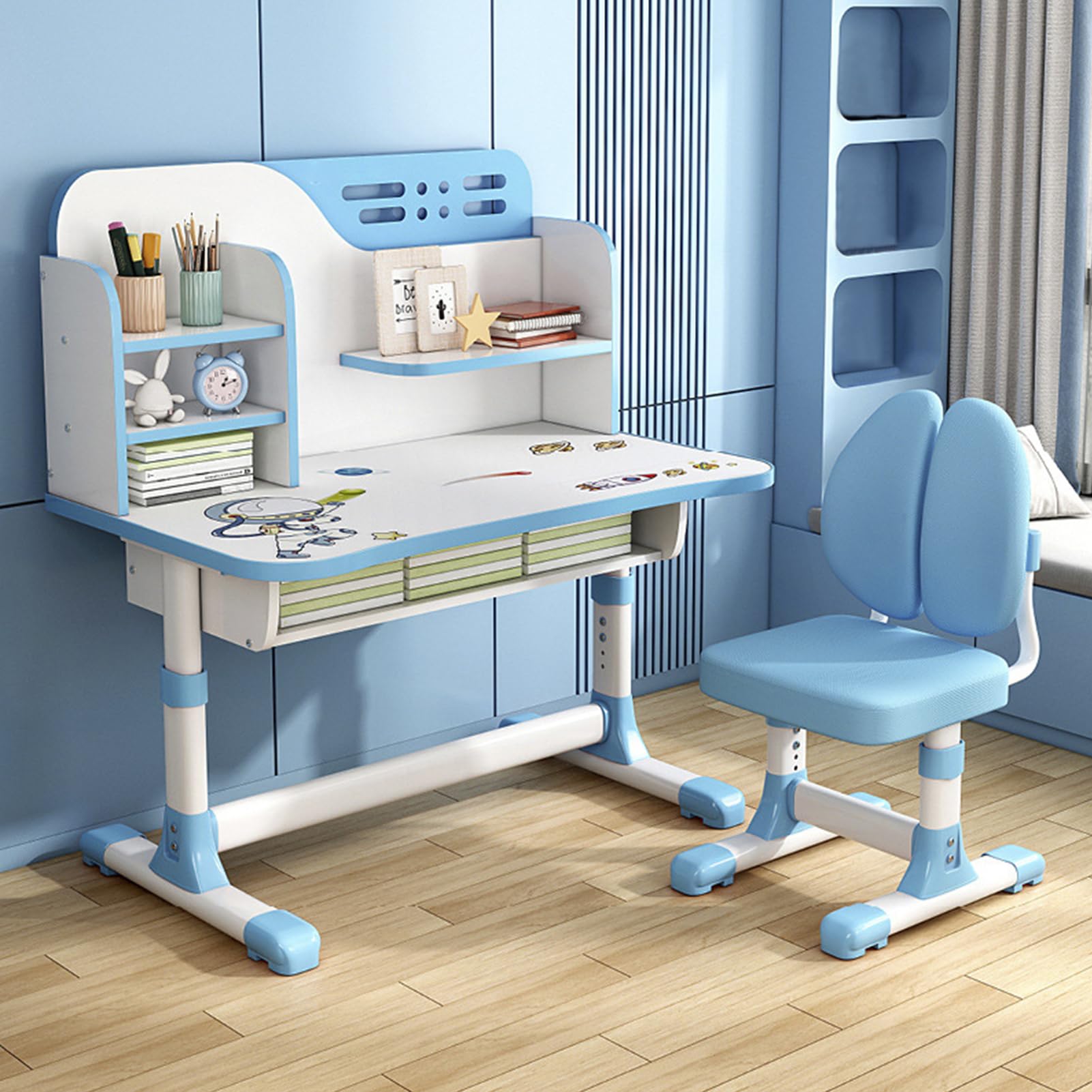 2024 Upgraded Kids Desk and Chair Set - Cartoon Design, Ergonomic Adjustable Height Study Desk with Tilt Book Stand & Storage Drawer, Widened Desktop for Boys & Girls - Perfect for Homeschooling, Online Learning & Bedroom Study (Blue)