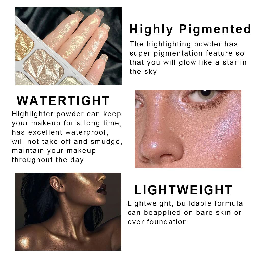 8 Colors Professional Highlighter Makeup Palette - Face Highlighters & Luminizers with Gold Cheek Diamond Shimmer Stick, Glitter Contour Bronzer | Perfect for Contouring, Highlighting & Glowing Makeup Looks for Parties, Photos & Special Occasions
