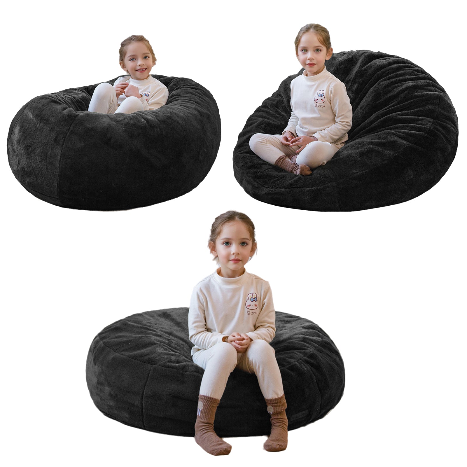 MAXYOYO 3-in-1 Kids Bean Bag Chair Bed - Convertible Faux Fur Floor Sofa for Children's Room, Gaming & Reading Nook - Soft Round Lounge Chair (Black) | Perfect for Playrooms, Bedrooms & Dorm Relaxation