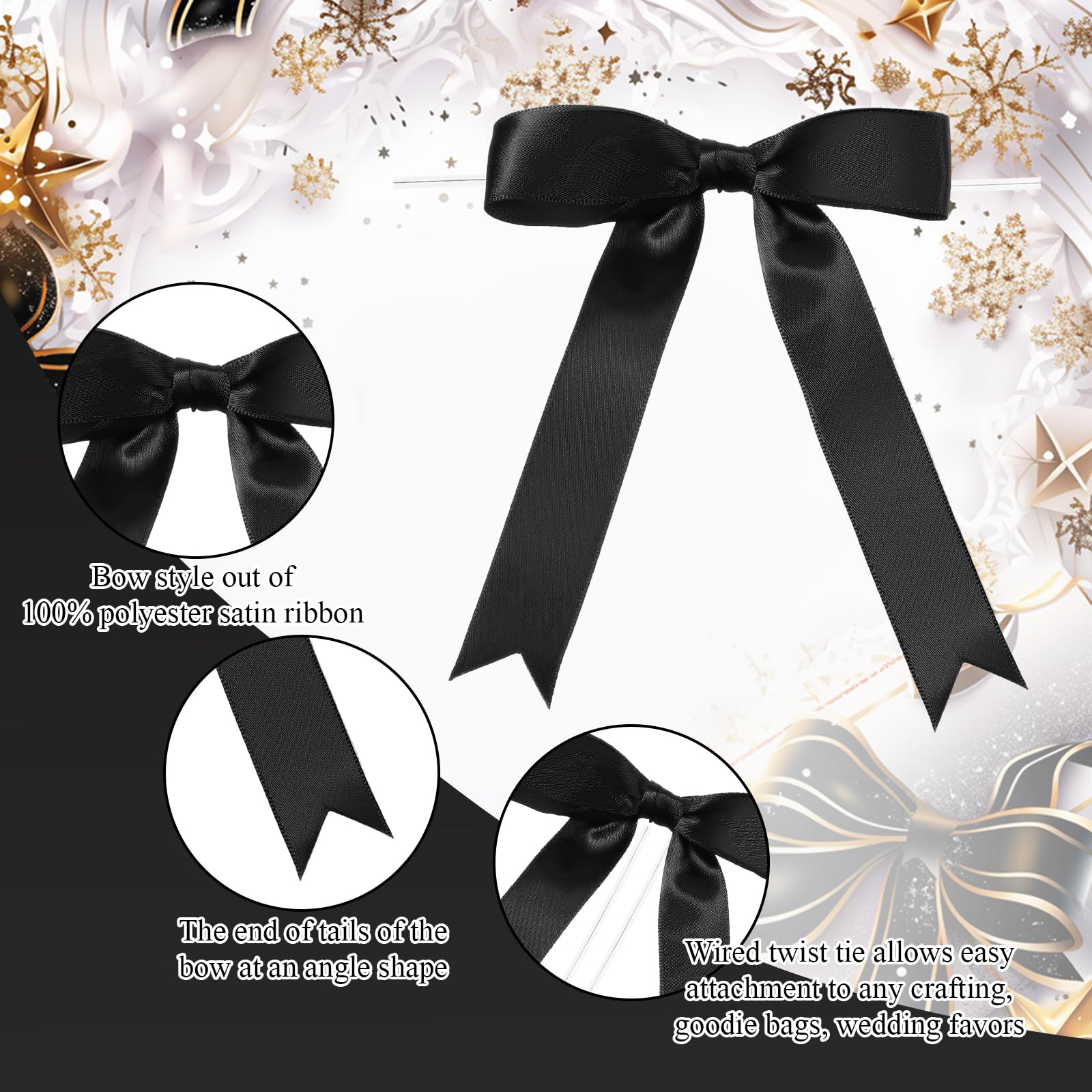 50 Pcs Large 5x7 Inch Satin Ribbon Bows for Gift Wrapping - Twist Tie Bows for Champagne Bottles, Cake Decorating, Treat Bags, DIY Crafts, Wedding, Baby Shower, Bridal Shower, Christmas & Birthday Party Decorations (Black) | Elegant Gift Packaging Accessories for Special Occasions