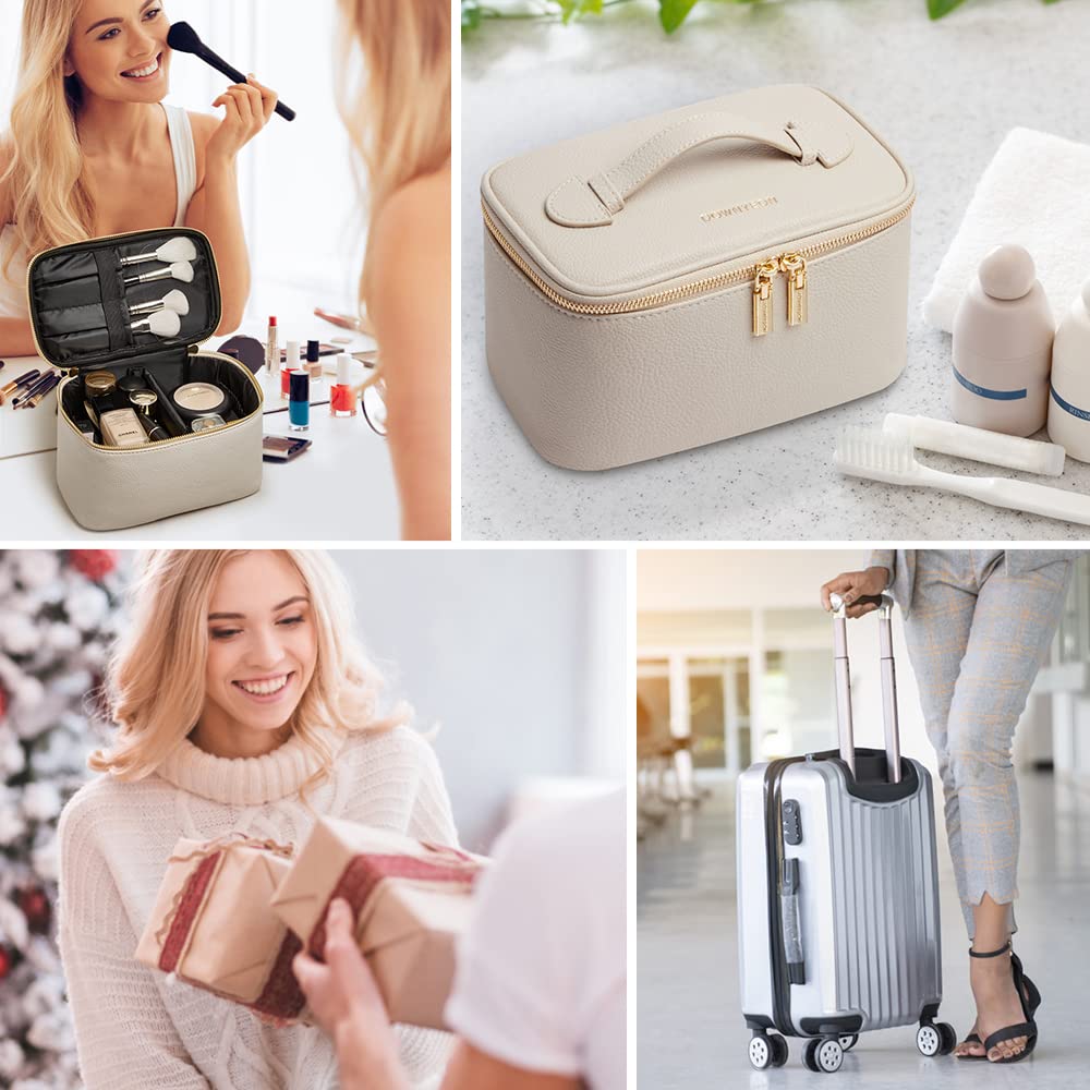 ROWNYEON Premium Travel Makeup Bag for Women - Waterproof Cosmetic Organizer with Portable Train Case Design, Perfect for Toiletries & Beauty Essentials | Ideal for Vacation, Gym, and Daily Use (Beige)