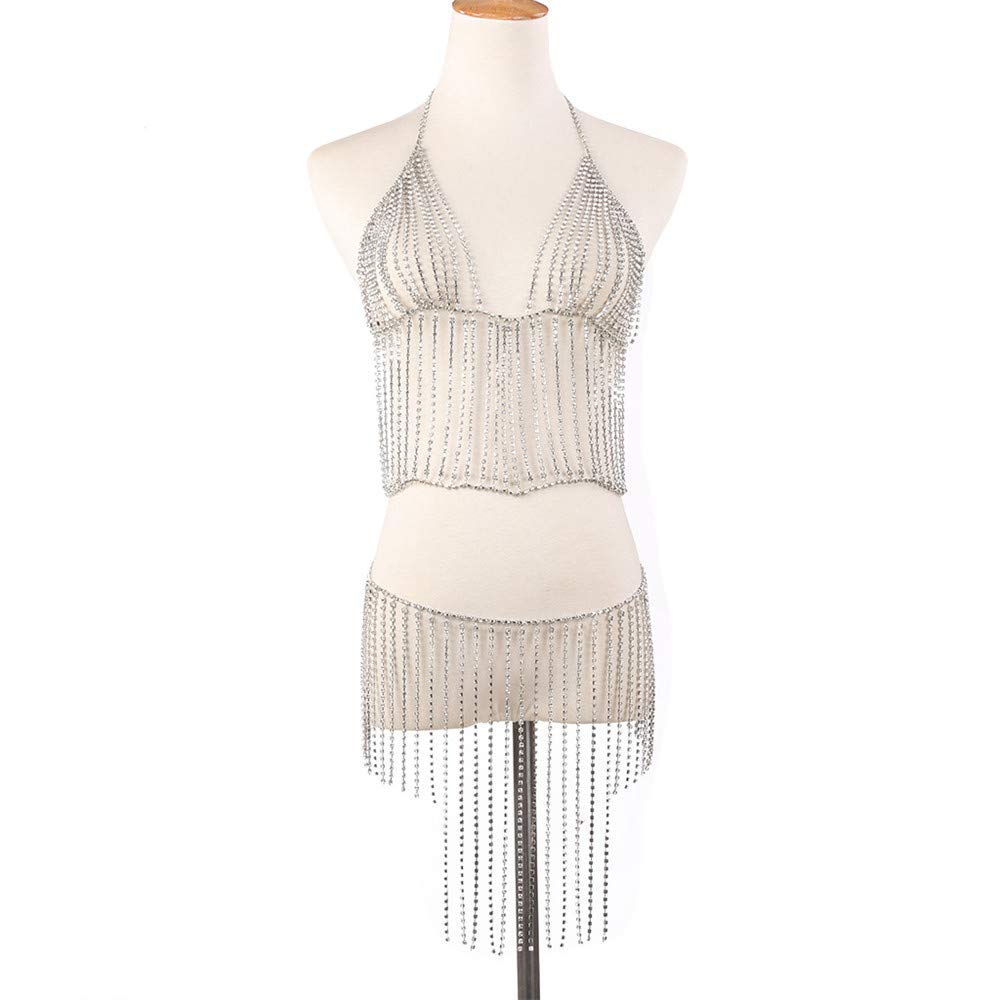 Elegant Rhinestone Body Chain Set for Women - Silver Crystal Tassel Necklace & Camisole Skirt Set for Funeral Urns, Party, Club, Beach & Pool Wear | Stylish Memorial Jewelry & Sexy Fashion Accessory