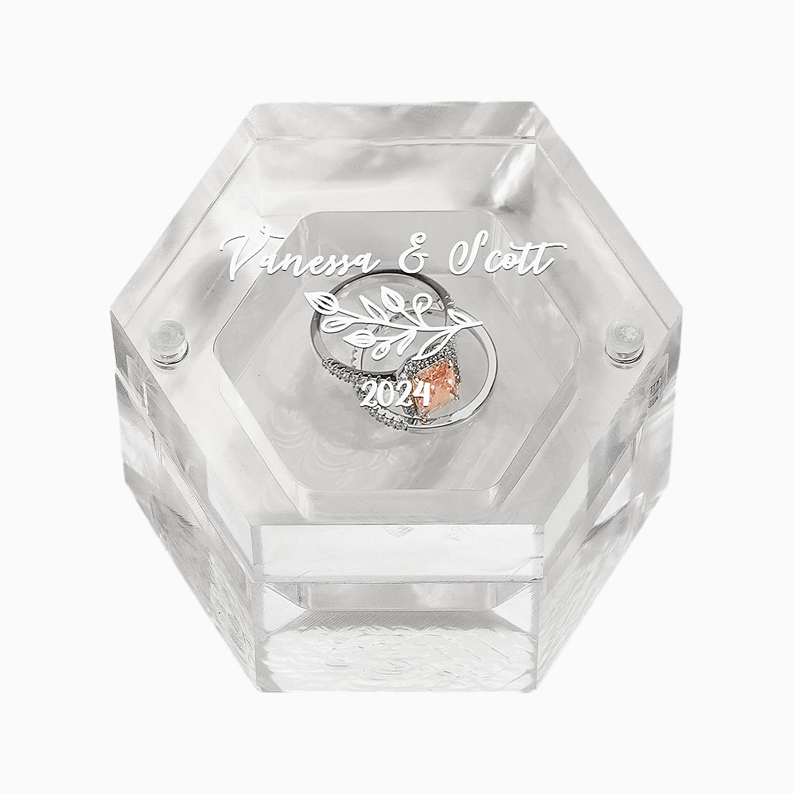 Personalized Clear Hexagon Ring Box with Custom Name & Date - Engraved Wedding Proposal Jewelry Box for Engagement, Anniversary & Special Occasions | Perfect for Ceremonies, Gifts & Keepsakes