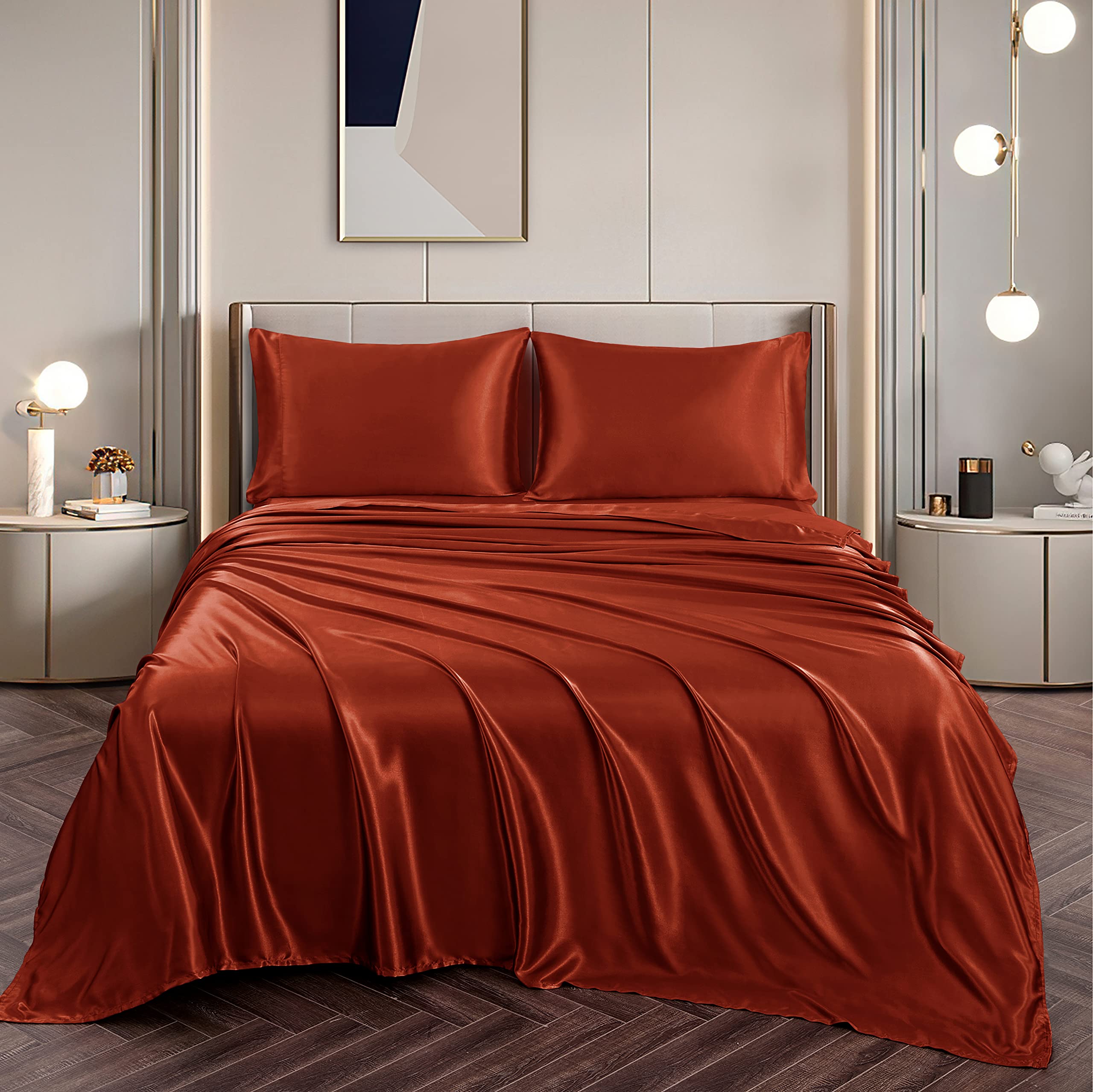 Luxury Vonty Satin Sheets Set - California King Size, Ultra Soft & Breathable Satin Bedding (Rust Orange) - Includes 1 Deep Pocket Fitted Sheet, 1 Flat Sheet & 2 Pillowcases - Perfect for Master Bedroom, Guest Room & Hotel Luxury Experience