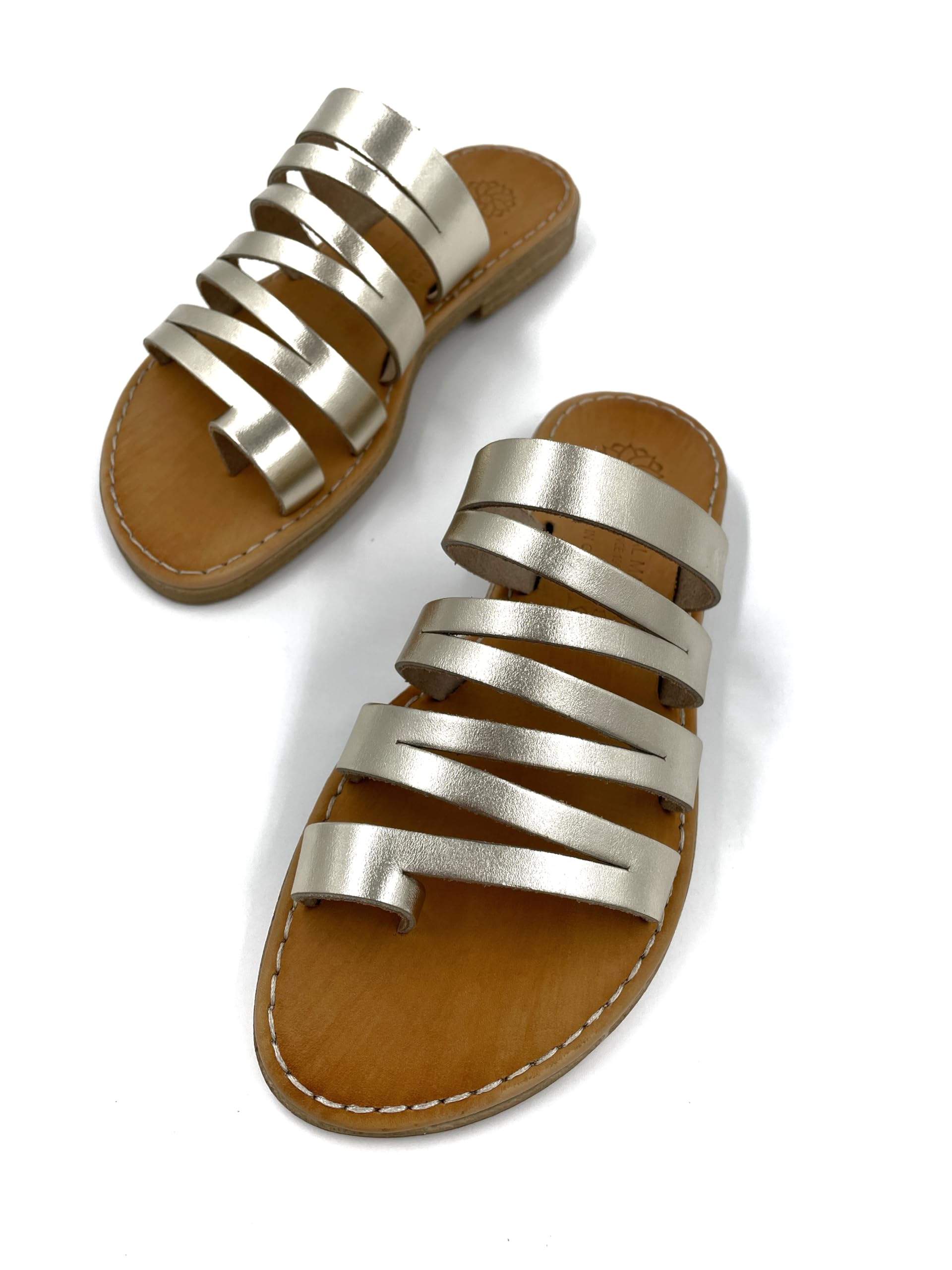 Handmade Genuine Leather Golden Sandals for Women - Greek Bridesmaid Wedding Shoes, Comfortable Summer Slide Sandals for Beach, Party & Vacation (Size 9)