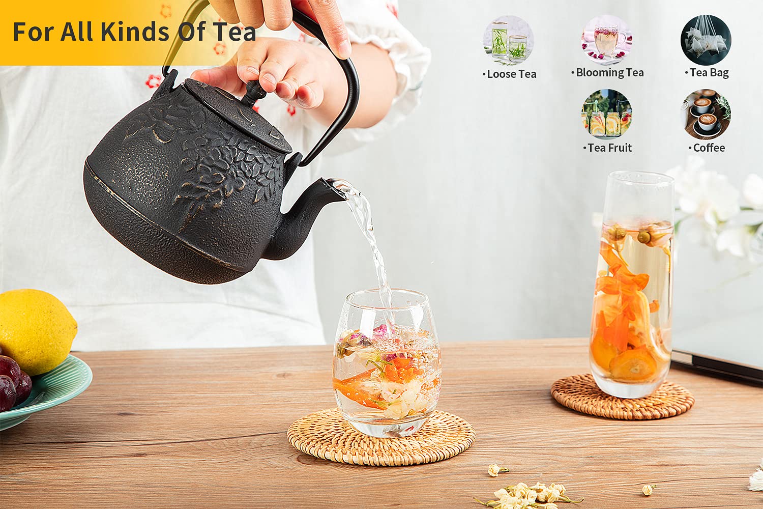 Premium Japanese Cast Iron Tea Kettle with Stainless Steel Infuser - Enameled Interior, Stovetop Safe Teapot - 32oz (950ml) Leaf Design in Turquoise Blue - Perfect for Loose Leaf Tea Brewing, Home Tea Ceremonies & Gift Giving