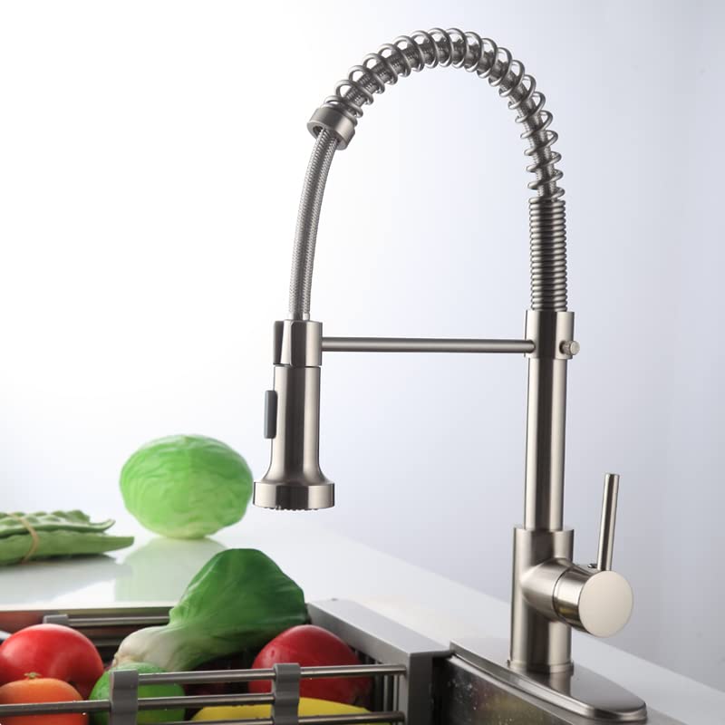 Brass Single Lever Kitchen Sink Mixer Tap with 360° Swivel & Pullout Sprayer - Multi-Function Spray Head Technology - Brushed Nickel Finish for Modern Kitchens (Easy Installation & Water Saving Design)