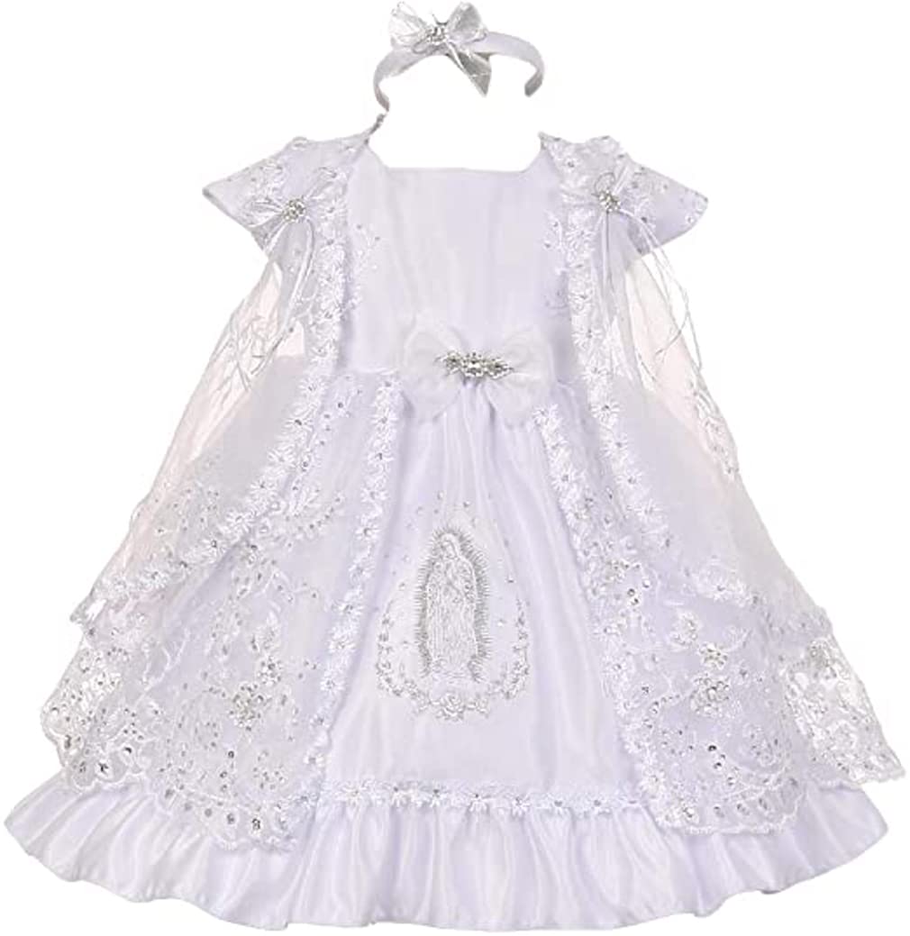 White Virgin Mary Embroidery Cape Baptism Dress for Baby Girls - Perfect for Christening, First Communion & Special Occasions