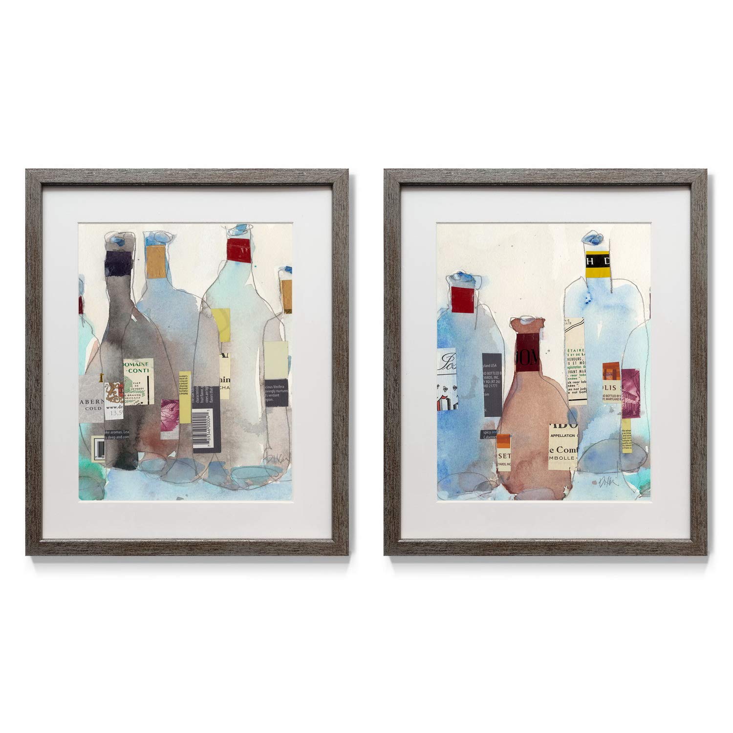 Modern Abstract Wine Bottle Framed Art Set (2-Piece) - Contemporary Colorful Wall Decor with Distressed Silver Frame, White Mat & Plexiglass - 16x20 Inches - Made in USA - Perfect for Dining Room, Kitchen or Wine Cellar Decor