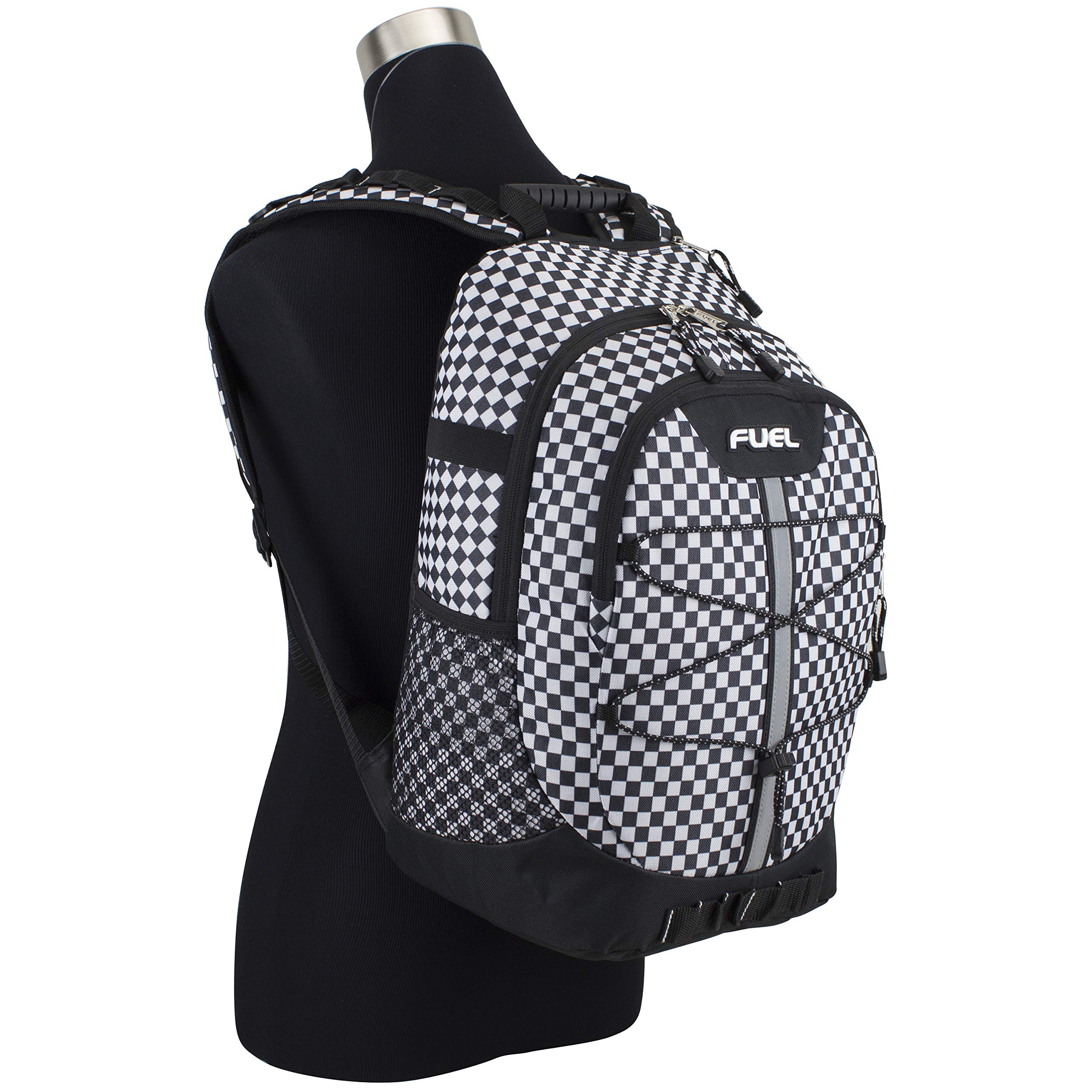FUEL Checkered Black & White Hiking Backpack for Women & Men - Durable Terra Sport Design for Travel, College, Gym & Work - Includes Laptop Sleeve & Bungee Straps (18 Inches) - Perfect for Outdoor Adventures & Daily Commute