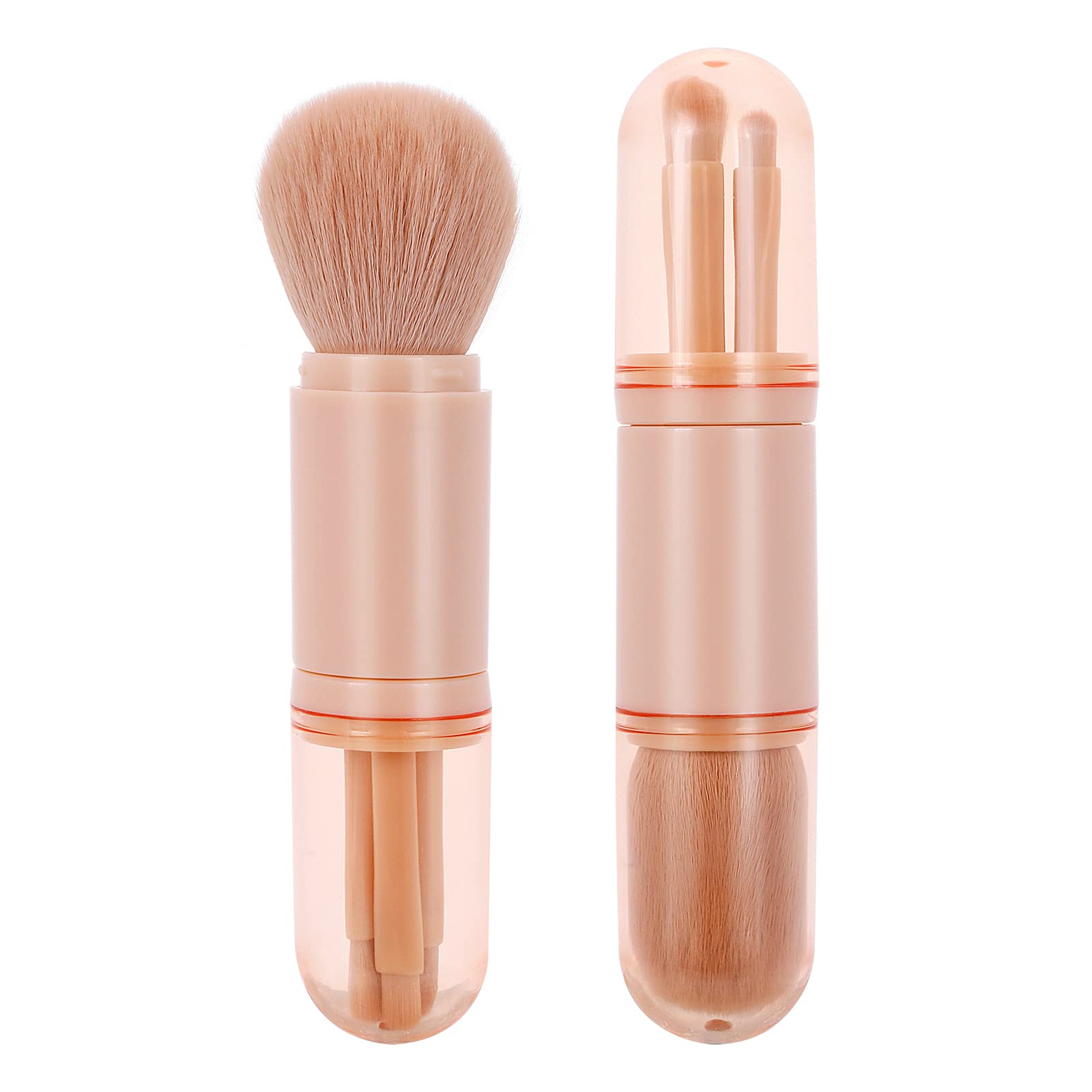 Molain Retractable Makeup Brush Set - 4 in 1 Portable Travel Cosmetic Brushes for Lips, Highlight, Eyeshadow & Foundation | Mini Face Powder & Blending Brush | Perfect for On-the-Go Makeup & Travel Essentials (Pink)