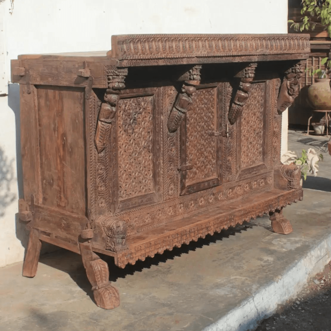 Vintage Indian Wooden Damchiya Dowry Sideboard Chest - Handcrafted Storage Cabinet for Home Decor, Wedding Gifts & Ethnic Furniture - Perfect for Living Room, Bedroom or Cultural Display