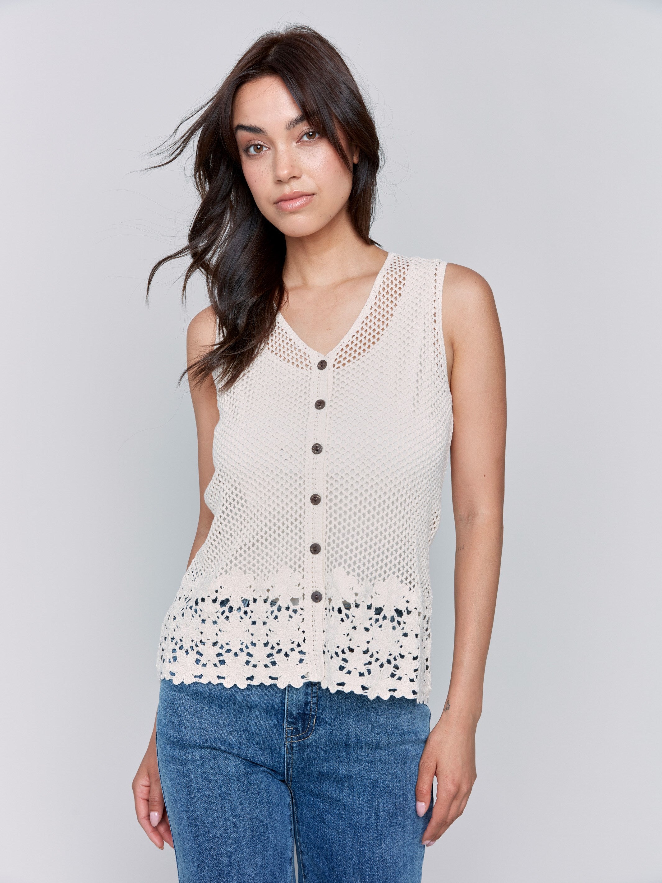 Crochet Vest for Women - Button Front Boho Style Cardigan - Natural Cotton Knitwear - Perfect for Layering, Casual Outfits, and Boho Fashion