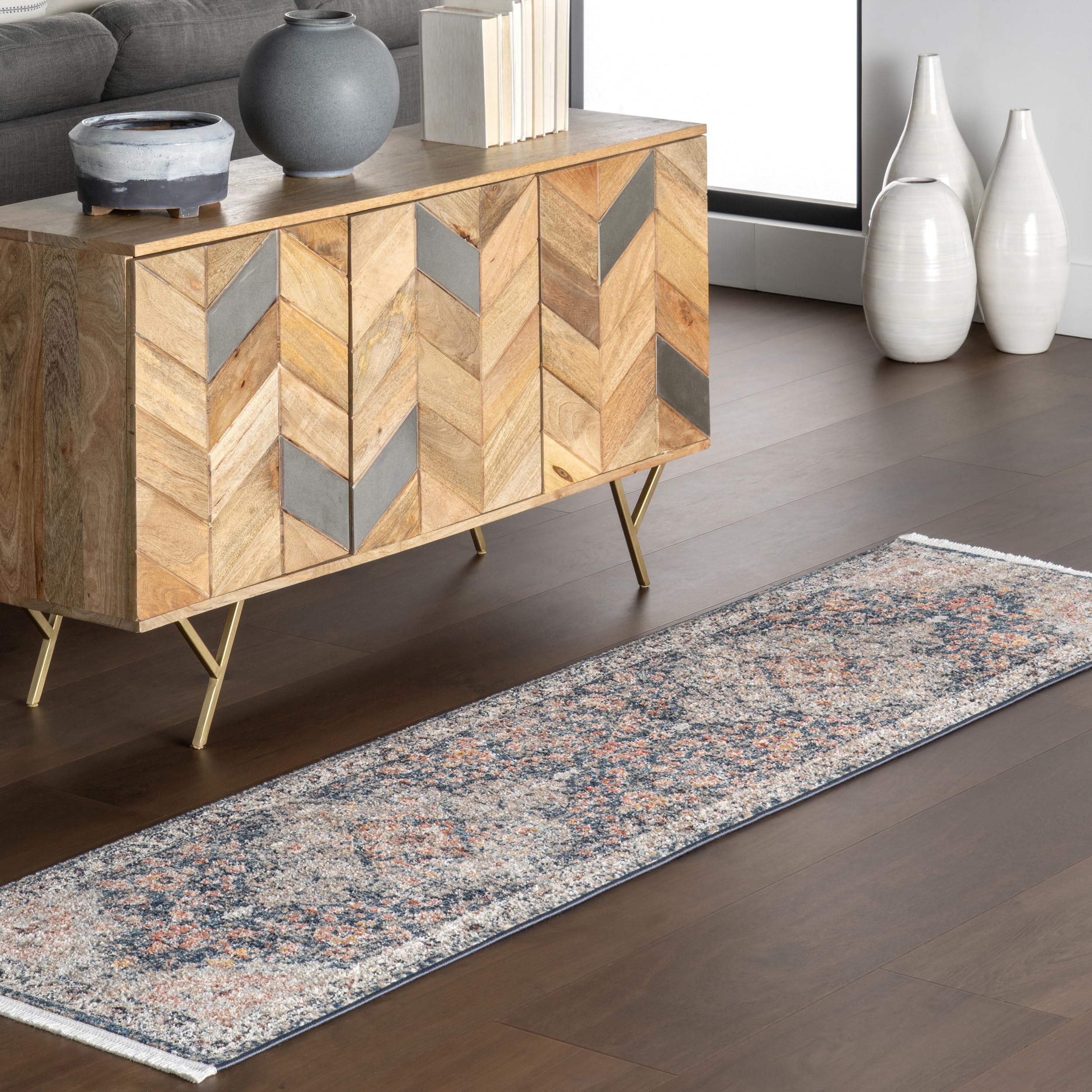 nuLOOM Georgia Vintage 2x8 Runner Rug - Soft Non-Slip Hallway Carpet for Living Room, Bedroom, Dining Room & Kitchen - Blue/Ivory Distressed Design | Perfect for Entryways, High Traffic Areas & Home Decor