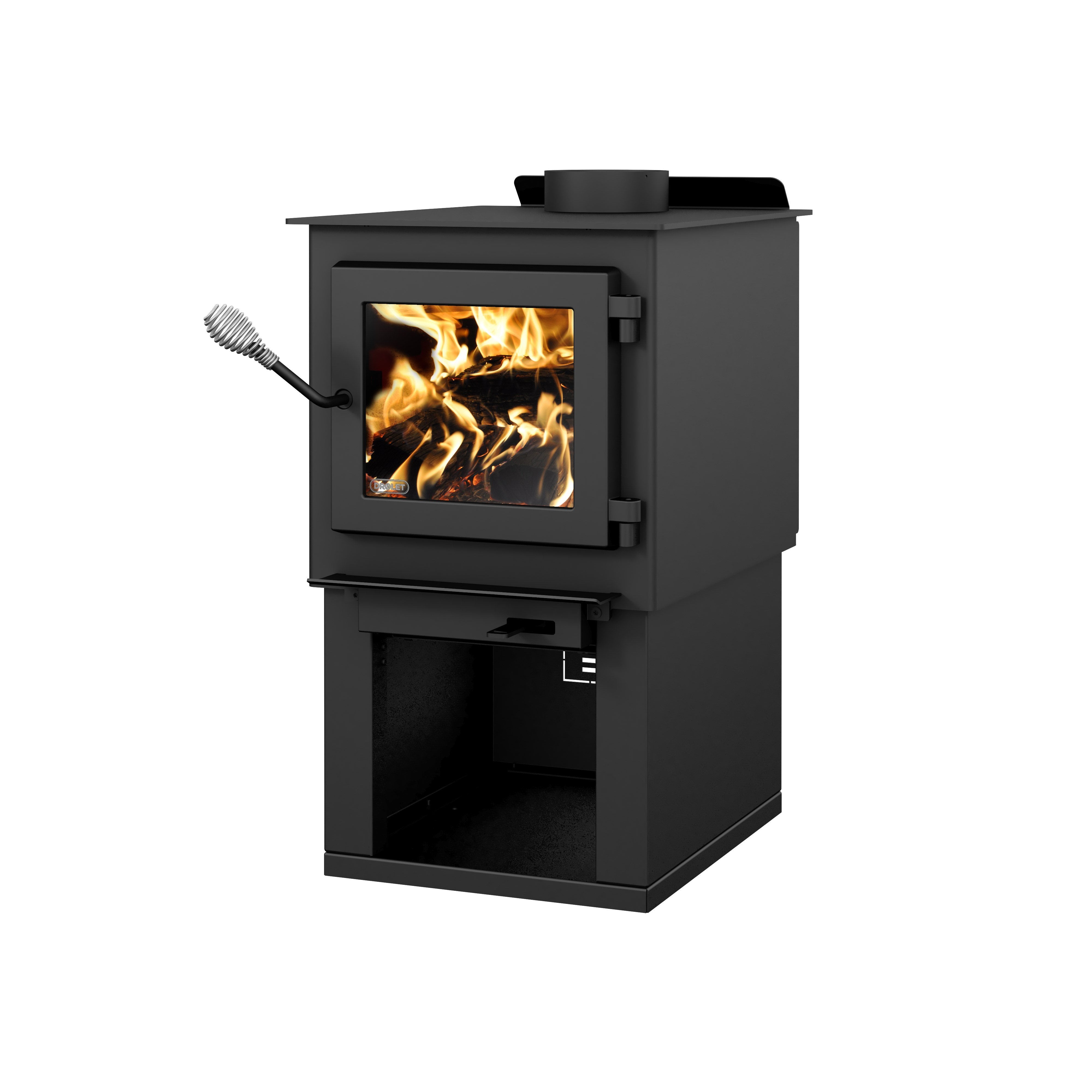 Drolet Deco Nano 1,200 Sq. Ft. EPA Certified Wood Burning Stove with Pedestal Stand & Firewood Storage - Perfect for Small Cabins, Tiny Homes, and Cozy Living Rooms