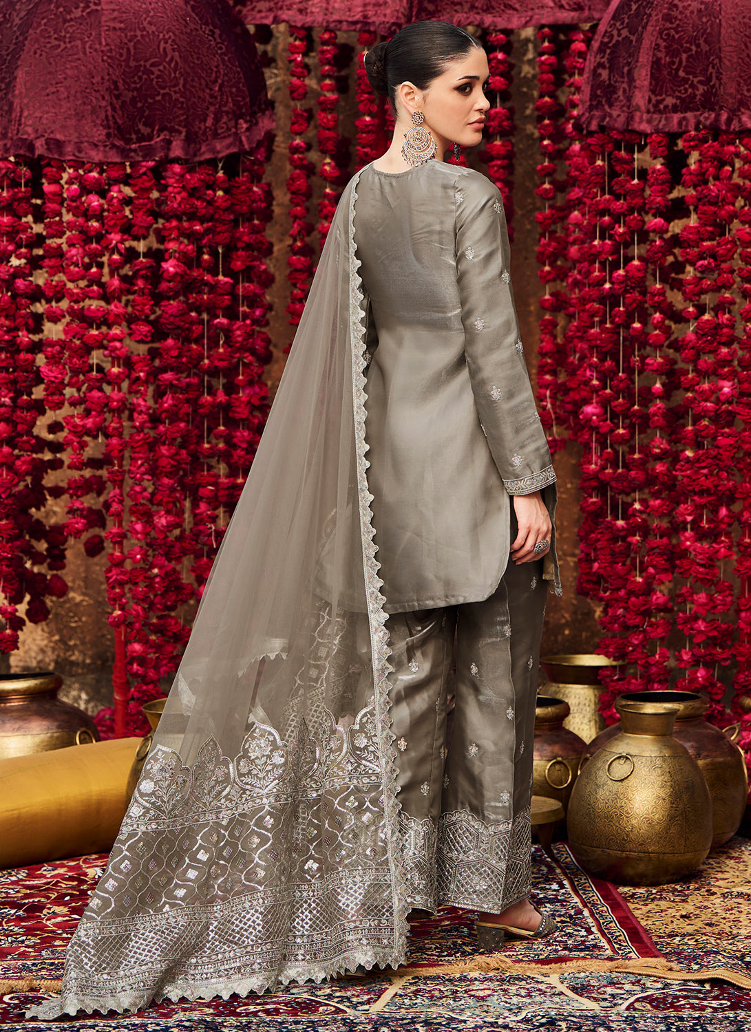 Elegant Grey Embroidered Organza Straight Suit for Women - Perfect for Weddings, Parties & Formal Events