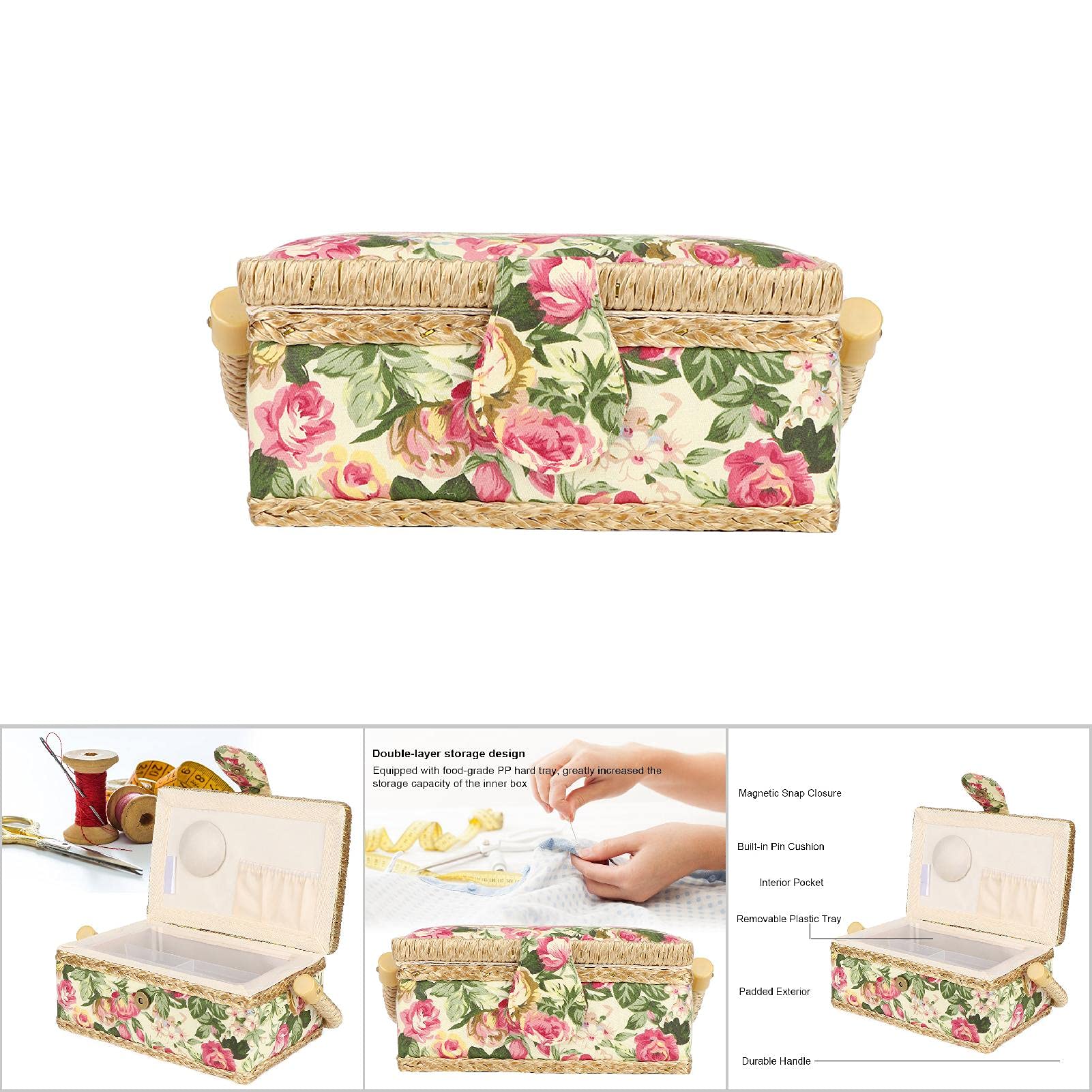 Portable Sewing Basket for Buttons, Scissors & Thread - Household Sewing Kit with Storage Organizer (Pastoral Rose Design) - Perfect for Home, Travel & Craft Projects