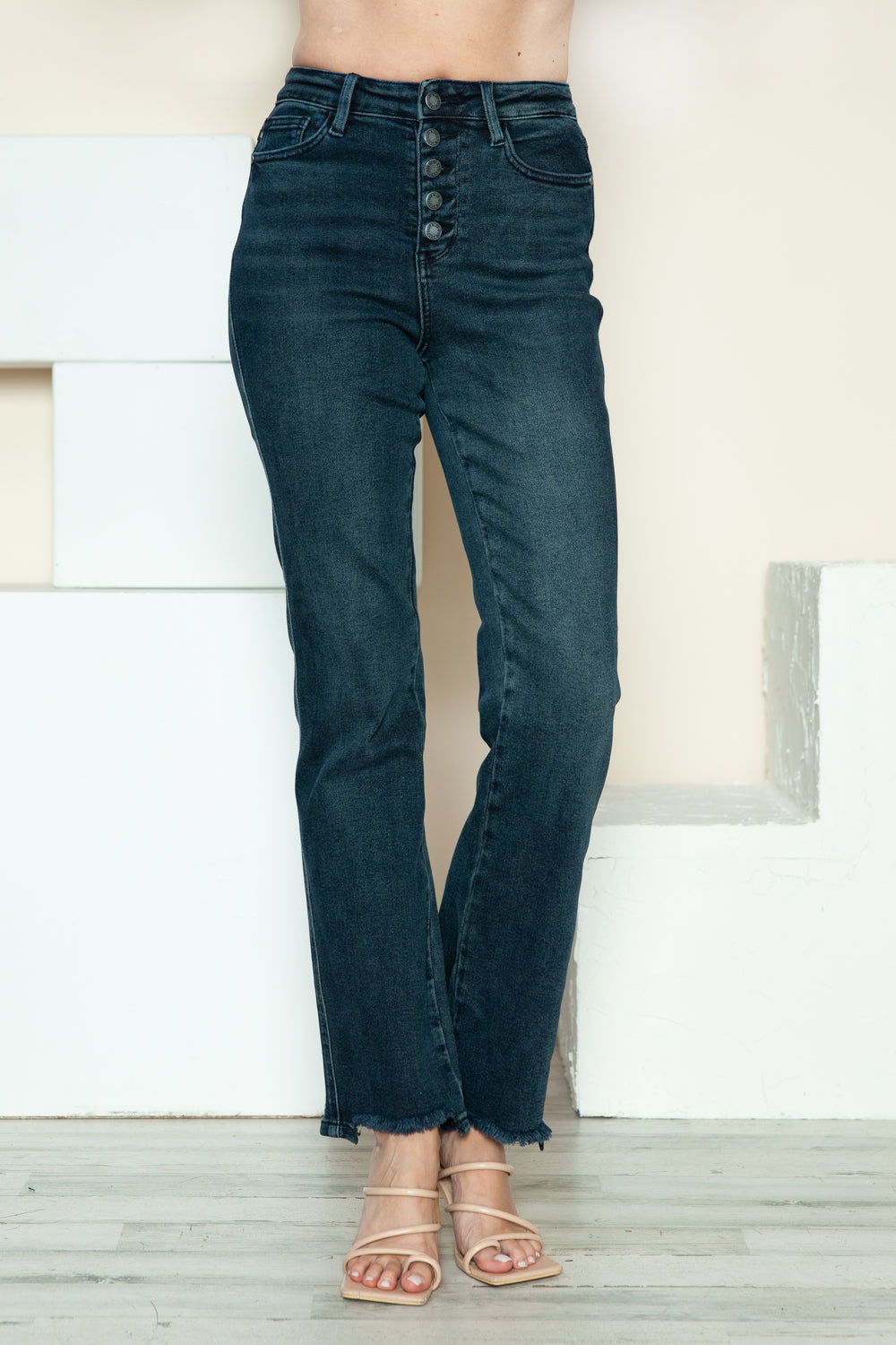 Judy Blue Women's Button Fly Straight Leg Jeans - Distressed Hem Denim Pants for Casual Wear & Everyday Outfits
