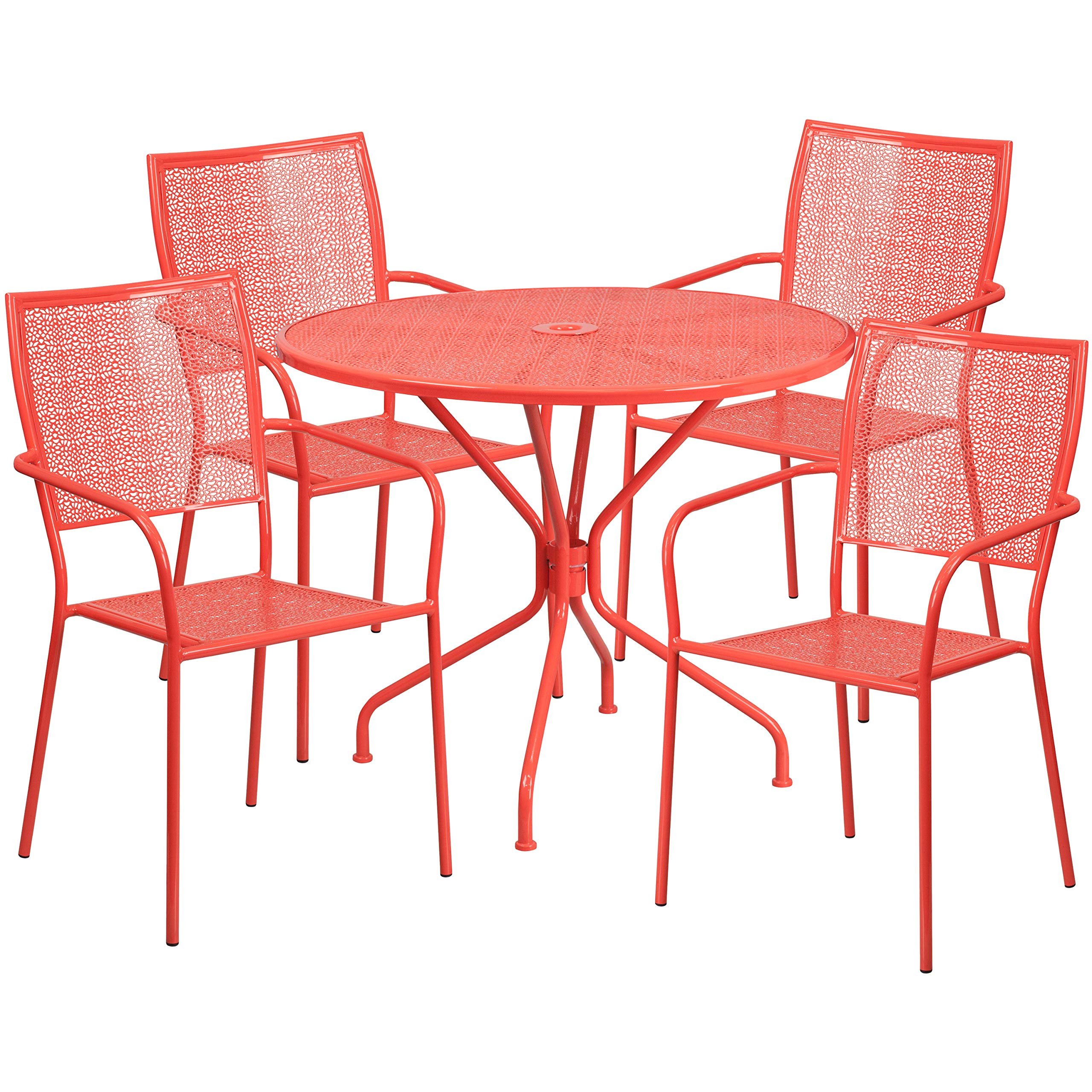 EMMA + OLIVER 35.25 Inch Round Outdoor Dining Table with 4 Square Back Chairs - Commercial Grade Coral Patio Furniture Set for Garden, Backyard, Poolside & Restaurant Use