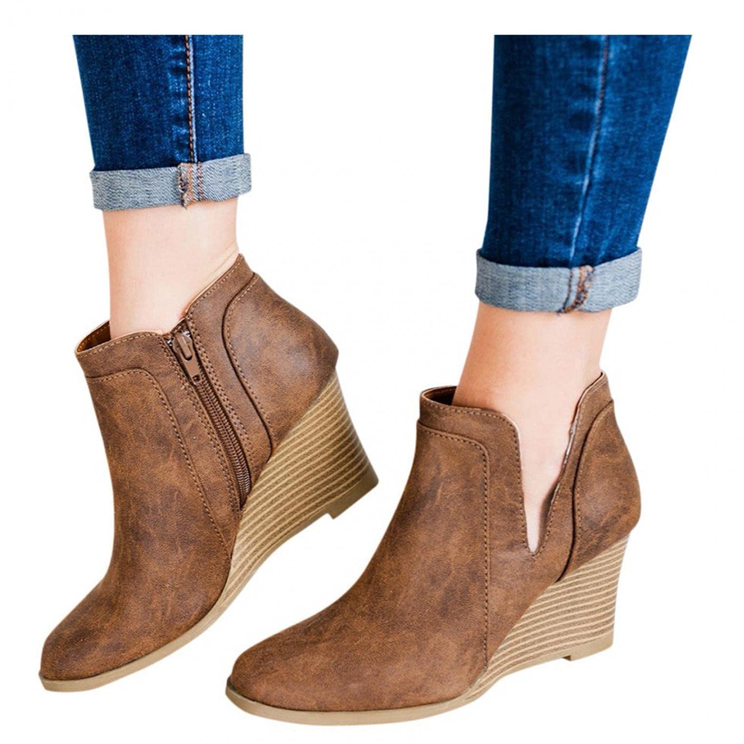 Masbird Women's Chunky Heel Ankle Boots - Pointed Toe Faux Leather Booties with Side Zipper | Stylish Fall & Winter Fashion for Office, Party & Night Out