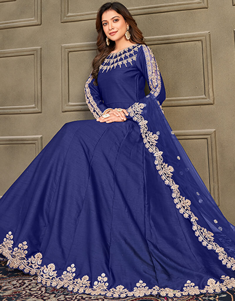 Royal Blue Art Silk Anarkali Suit for Women - Elegant Indian Party Wear, Wedding Guest Outfit, Festive Ethnic Dress for Diwali, Eid & Special Occasions
