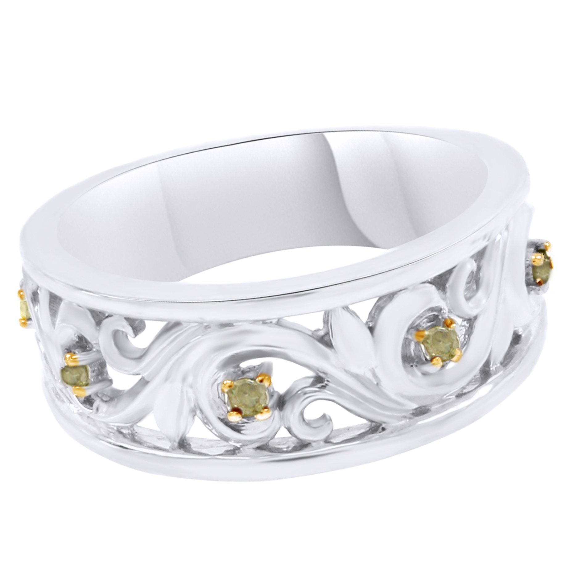 14K Gold Over Sterling Silver Natural Diamond Leaf Band Ring - 0.07 Cttw Yellow Diamond Jewelry for Women, Perfect for Weddings, Anniversaries & Everyday Elegance