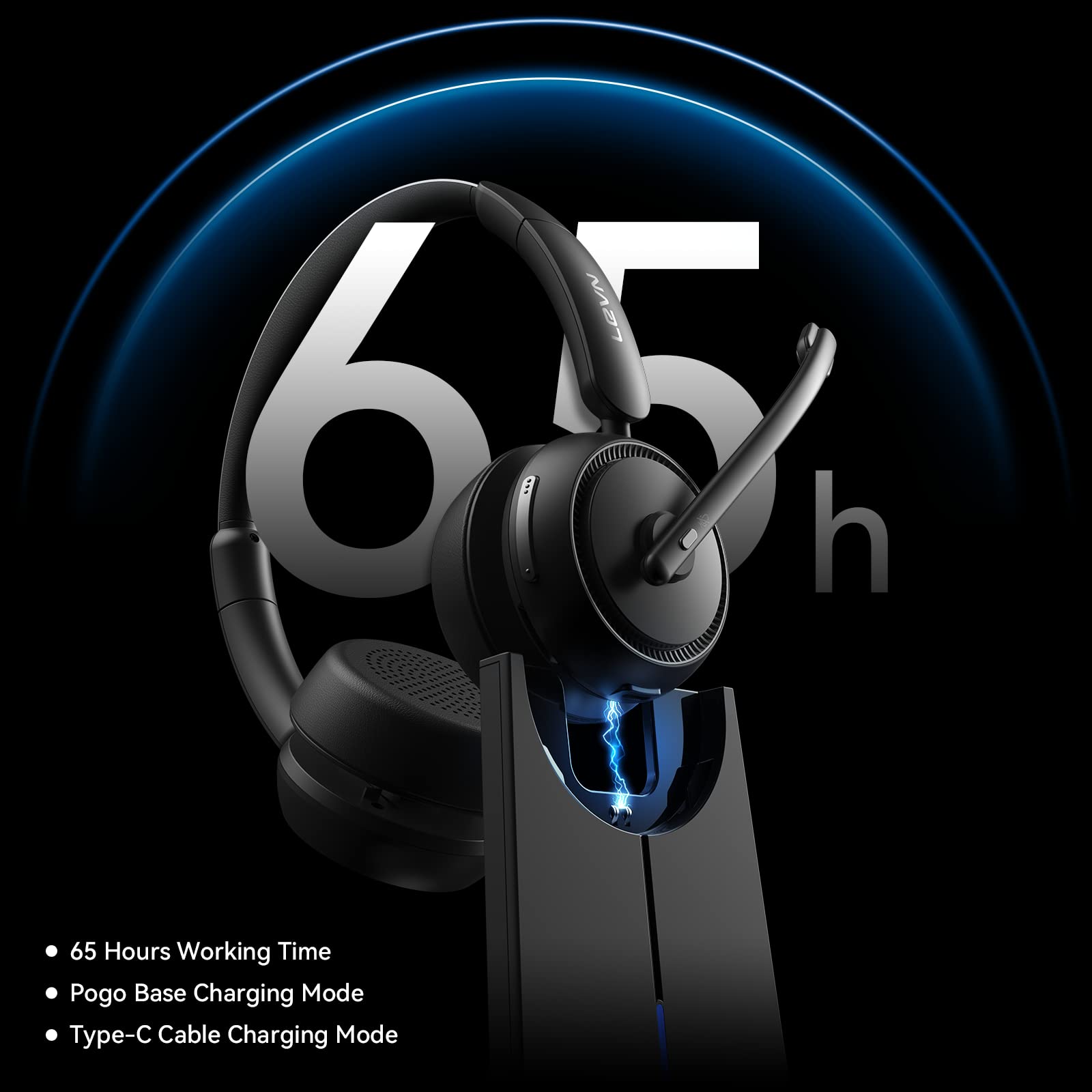 LEVN Wireless Headset with Microphone - Bluetooth Noise Cancelling Headphones for Work & Calls, 65 Hours Battery Life, 2.4G Wireless Headset for PC, Laptop, Call Center, Teams, Zoom Meetings - Perfect for Remote Work, Online Classes & Business Conferencing