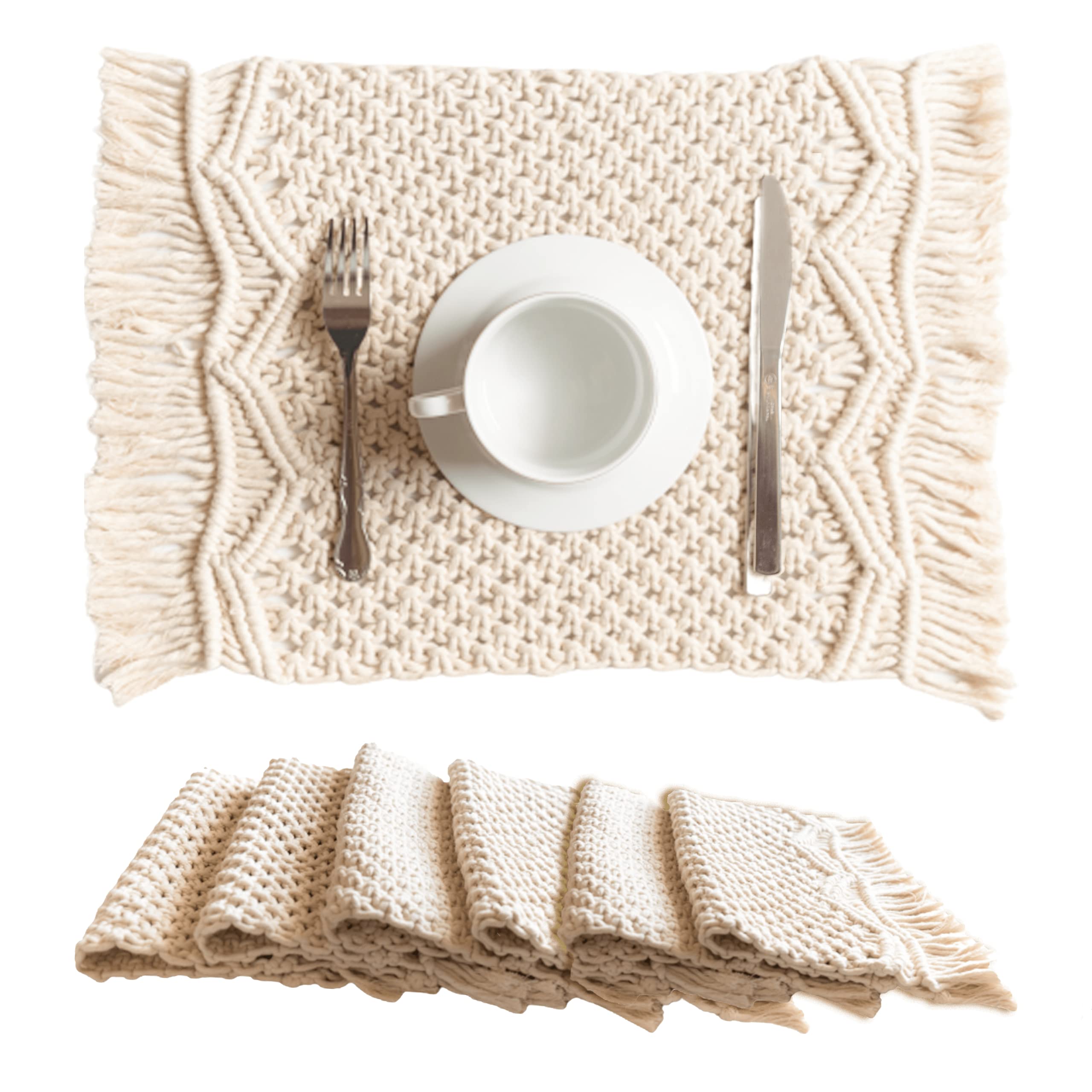 SnugLife Macrame Placemats Set of 6 - Handmade Cotton Woven Boho Placemats - Modern Farmhouse Fringe Table Mats for Dining, Kitchen, Wedding Décor - 12”x20” Natural Off White - Perfect for Bohemian, Rustic & Coastal Home Decor