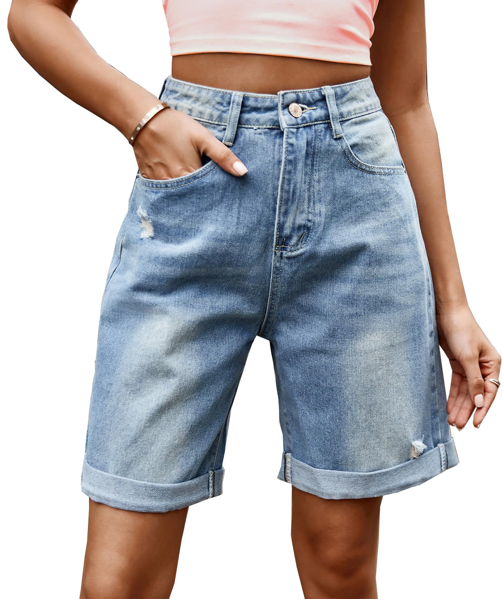 Women's Ripped Denim Bermuda Shorts - High Waisted Roll Up Jean Jorts for Summer | Casual Streetwear, Beach Outfits & Music Festivals
