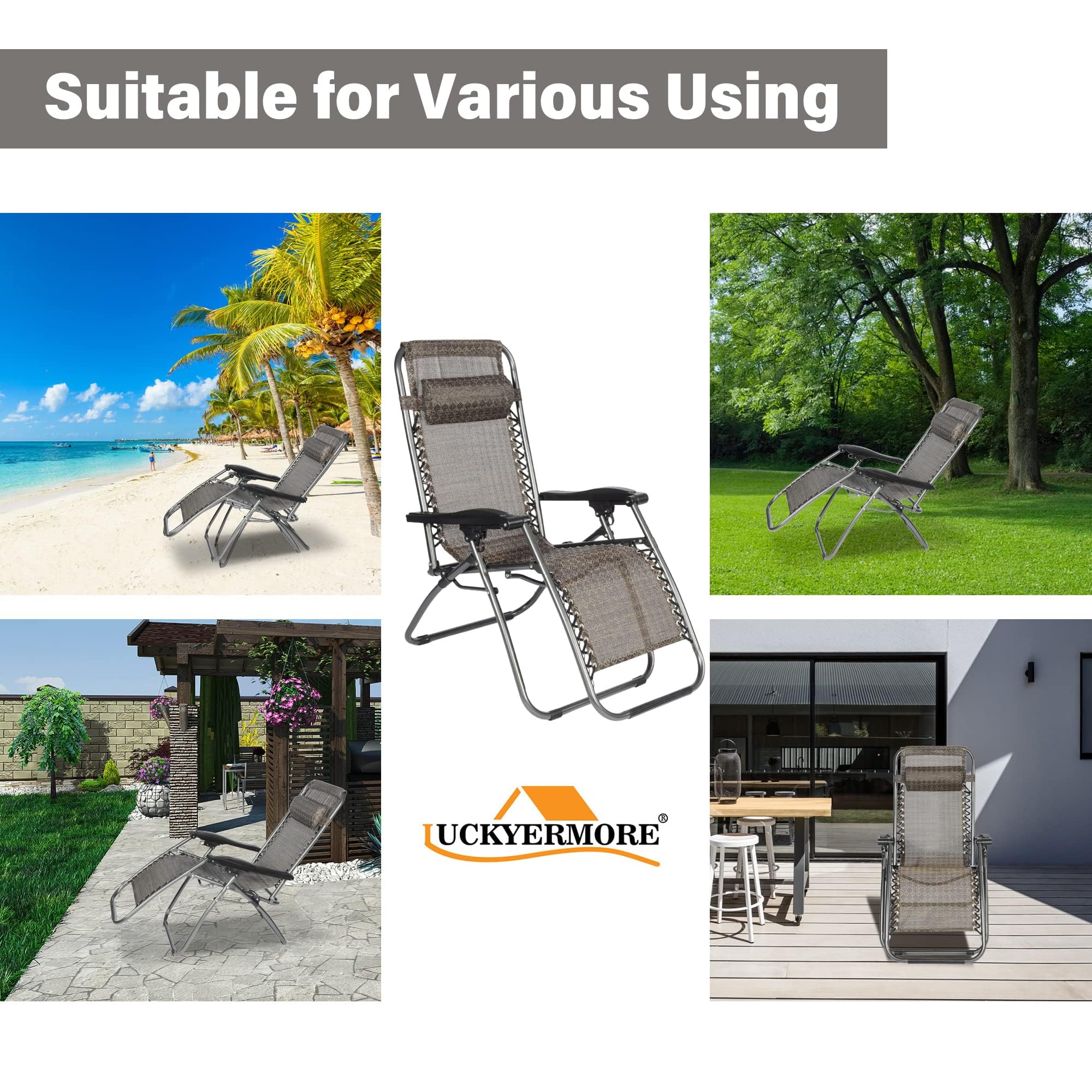 LUCKYERMORE Adjustable Textilene Zero Gravity Chairs Set of 2 - Diamond Design Outdoor Folding Recliners with Pillow, 300 LBS Capacity - Perfect for Poolside, Beach, Patio, Backyard & Camping (Grey & Brown)