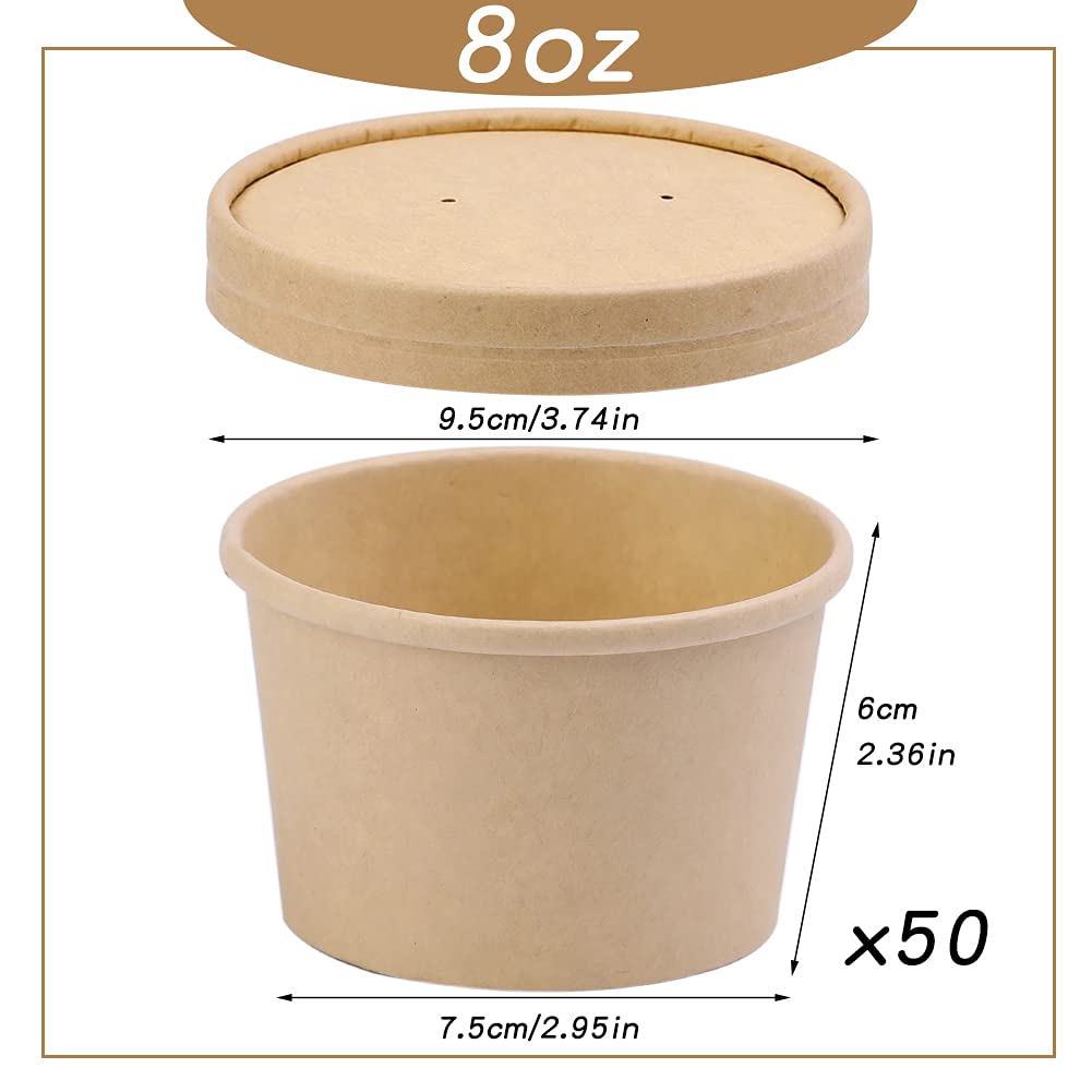 50 Pack 8 oz Disposable Paper Soup Cups with Lids - Eco-Friendly Ice Cream Containers, To-Go Food Bowls for Soup, Frozen Yogurt, Desserts - Perfect for Parties, Picnics & Takeout Meals