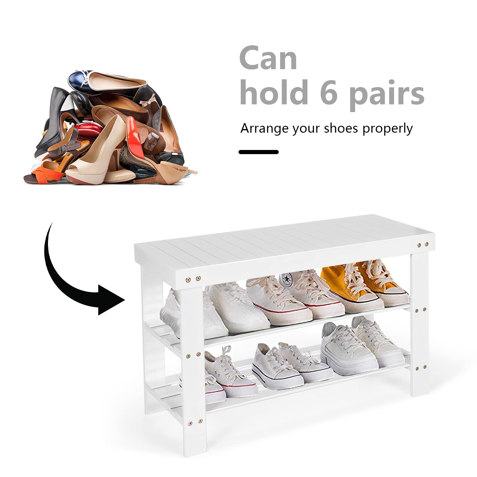 Giantex 3-Tier Bamboo Shoe Bench & Storage Rack - Holds 6 Pairs of Shoes - Entryway Organizer for Heels, Slippers - Perfect for Living Room, Bathroom, Hallway (White) - Space-Saving Shoe Shelf for Small Apartments & Closet Organization