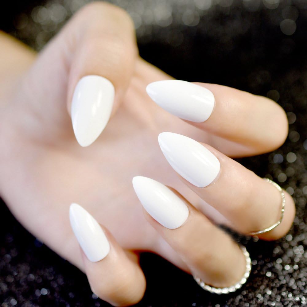 24pcs Solid White Oval Stiletto Fake Nails - Sharp Pointed Acrylic Nail Tips for Manicure & Salon | Snow White Artificial Nails for Party, Wedding, Halloween & Special Occasions