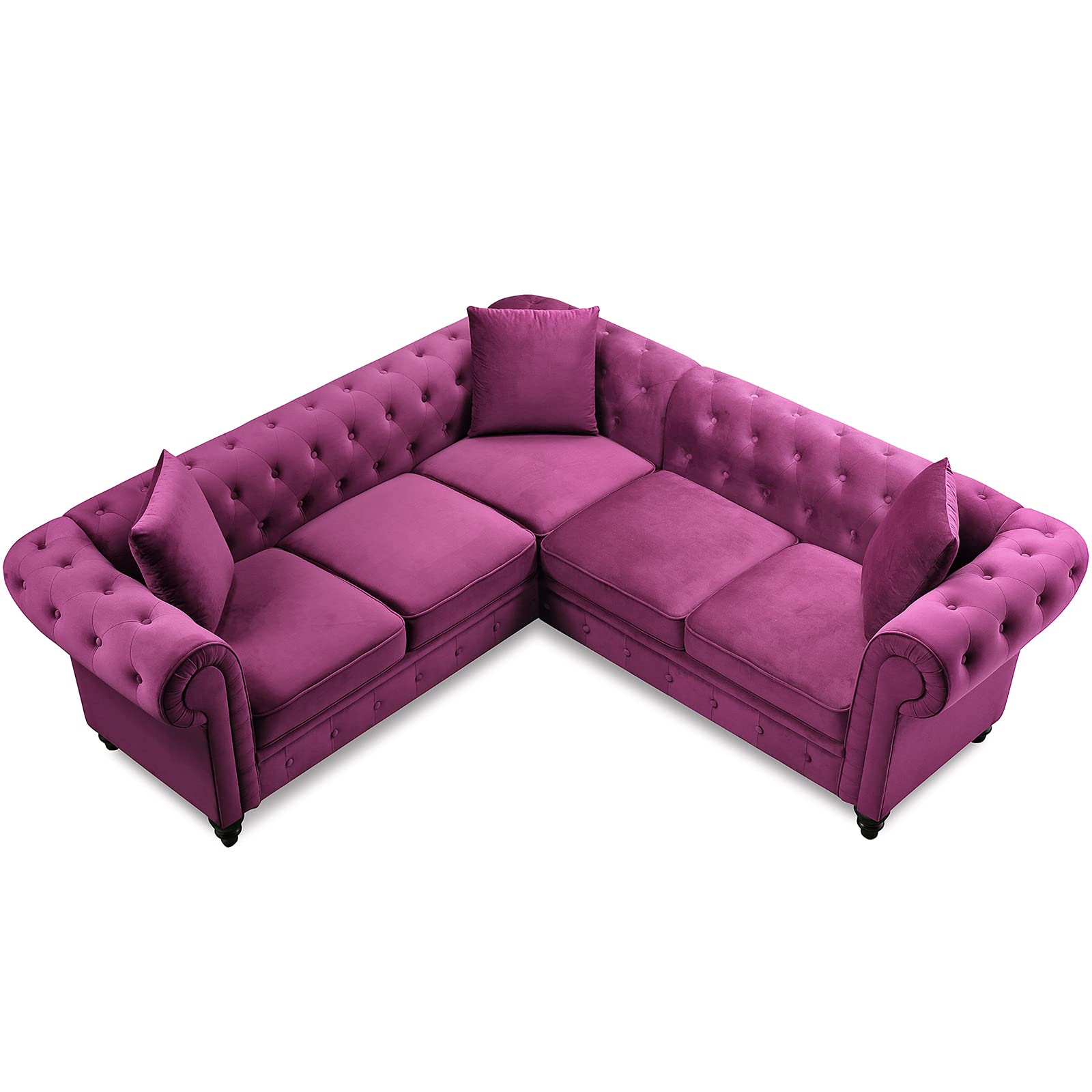 Tufted Velvet Upholstered Rolled Arm Chesterfield Sectional Sofa with 3 Pillows - Gray - Luxury Living Room Furniture for Modern Home & Office Decor