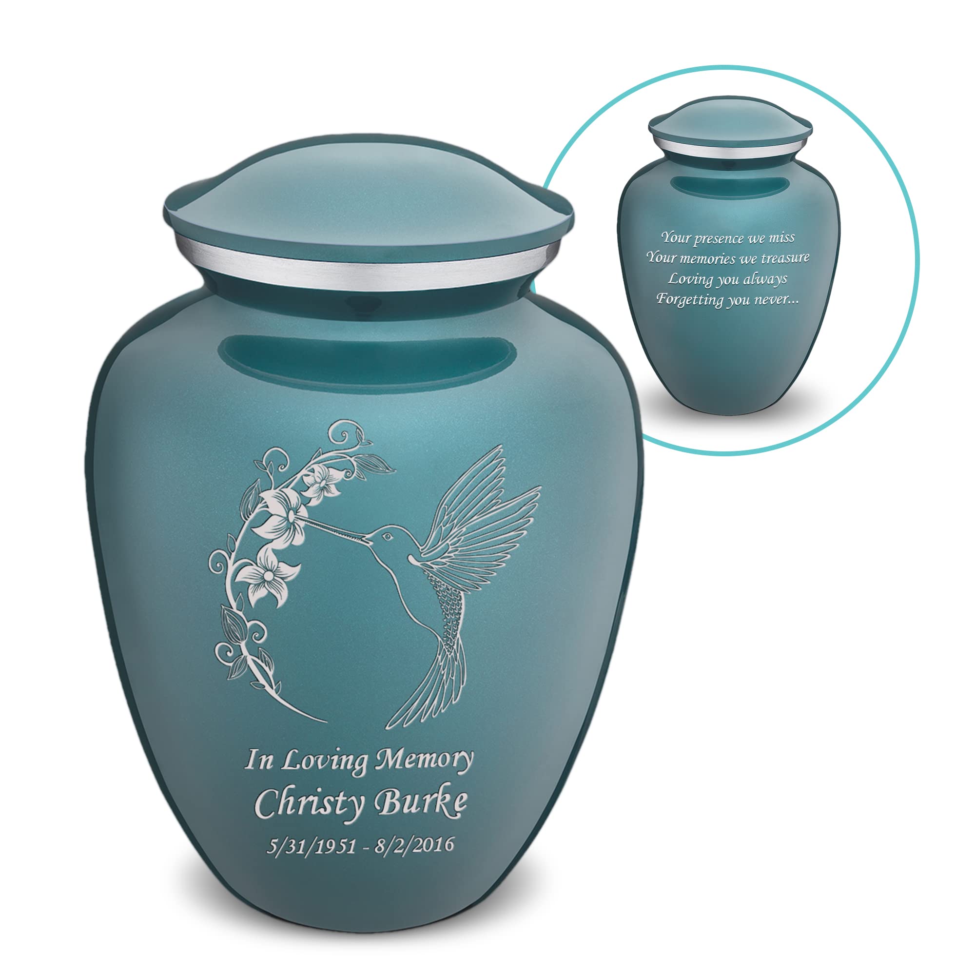 Personalized Hummingbird Cremation Urn for Human Ashes - Large Teal Funeral Urn with Double Side Engraving for Adults (200 lbs Capacity) | Memorial Keepsake for Home, Funeral Service & Scattering Ceremonies