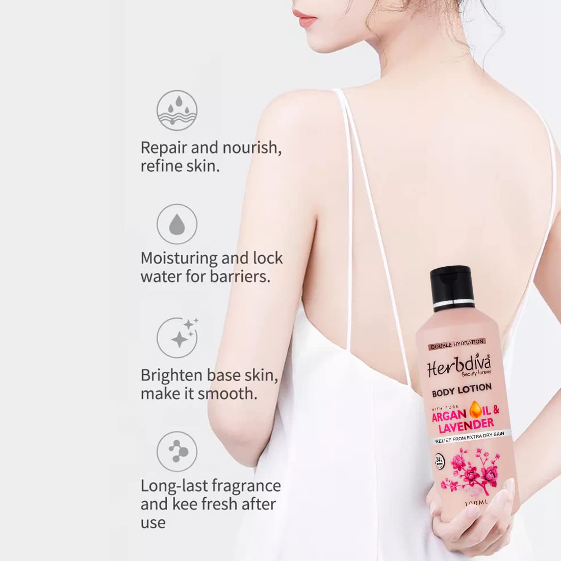 Herbdiva Double Hydration Body Lotion with Argan Oil & Shea Butter - 100ml Each, Enriched with Lavender for 24HR Moisturizing - Cruelty Free Dry Skin Relief Cream - Pack of 2 - Perfect for Daily Hydration & Nighttime Skin Care