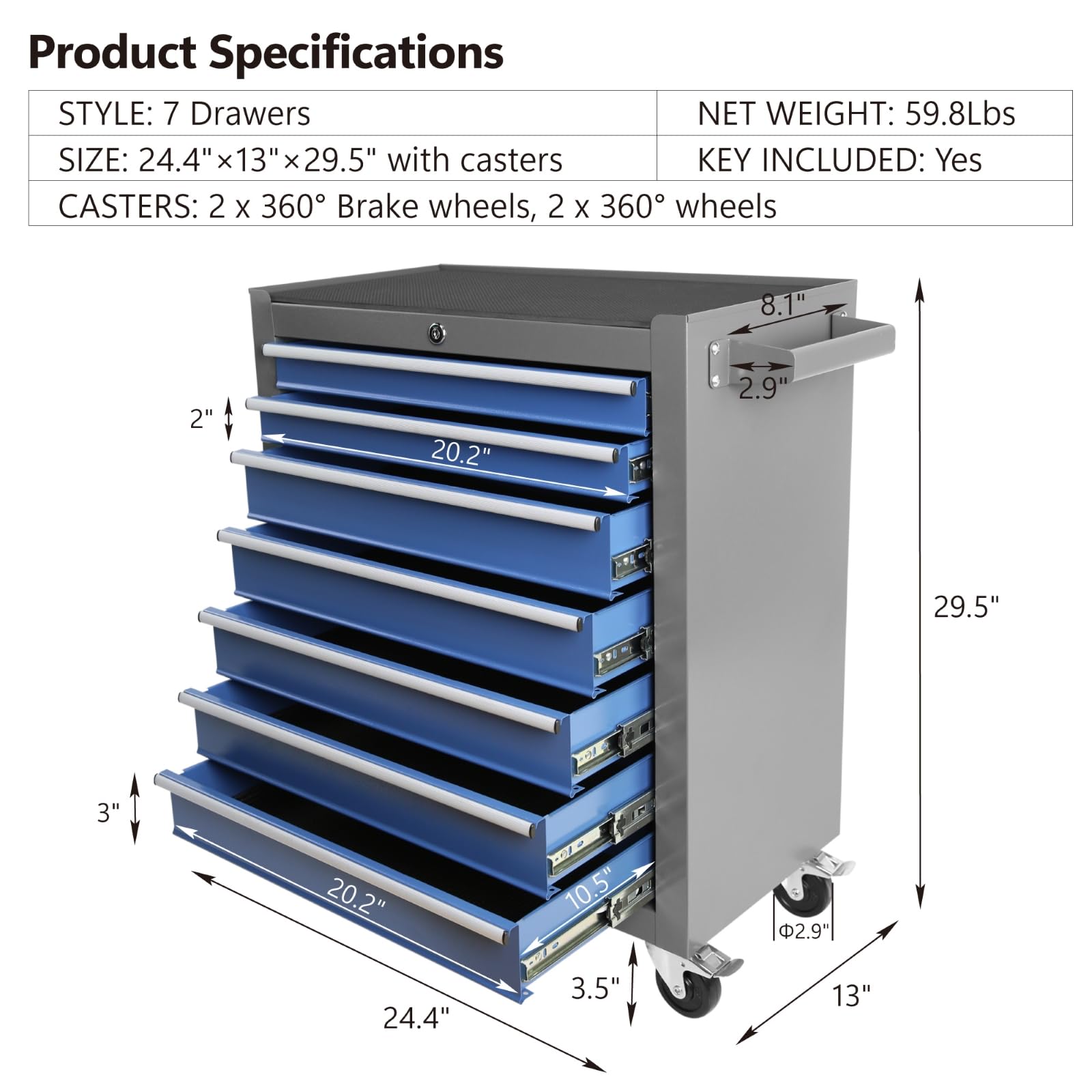 7-Drawer Rolling Tool Chest with Wheels - Heavy Duty Portable Tool Box Organizer with Large Storage Cabinet & Locking System - Perfect for Garage, Workshop, and DIY Projects (Grey)