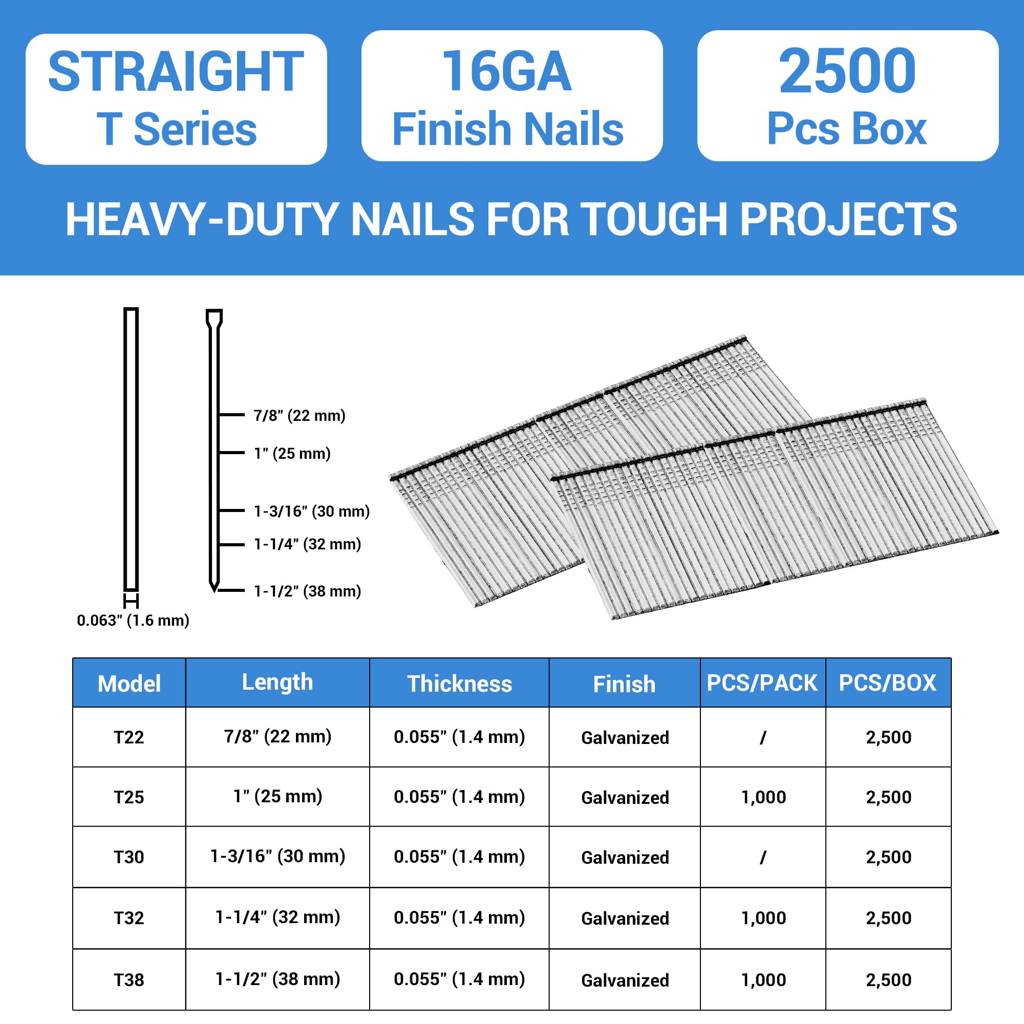 16 Gauge Galvanized Finish Nails 7/8 Inch - 2,500 Count for Electric/Pneumatic Nail Guns - Ideal for Trim Work, Crown Molding, and Baseboard Installation